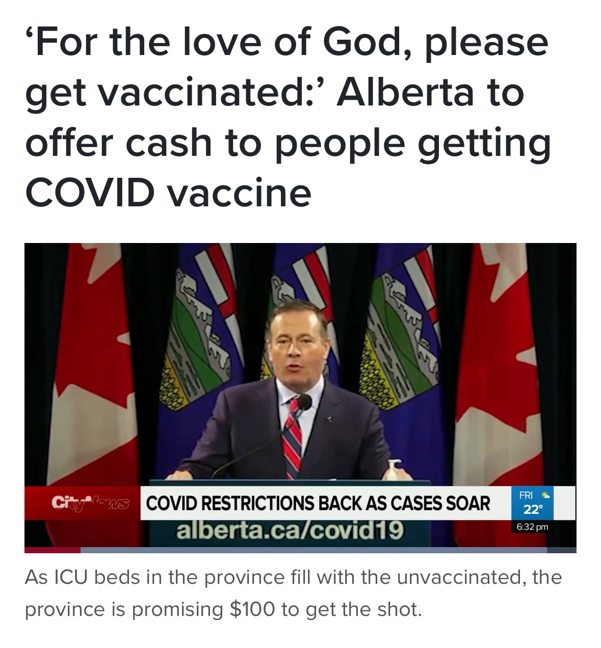 Screenshot of a 2021 news article in which Jason Kinney announces $100 cash incentive to get the Covid vaccine