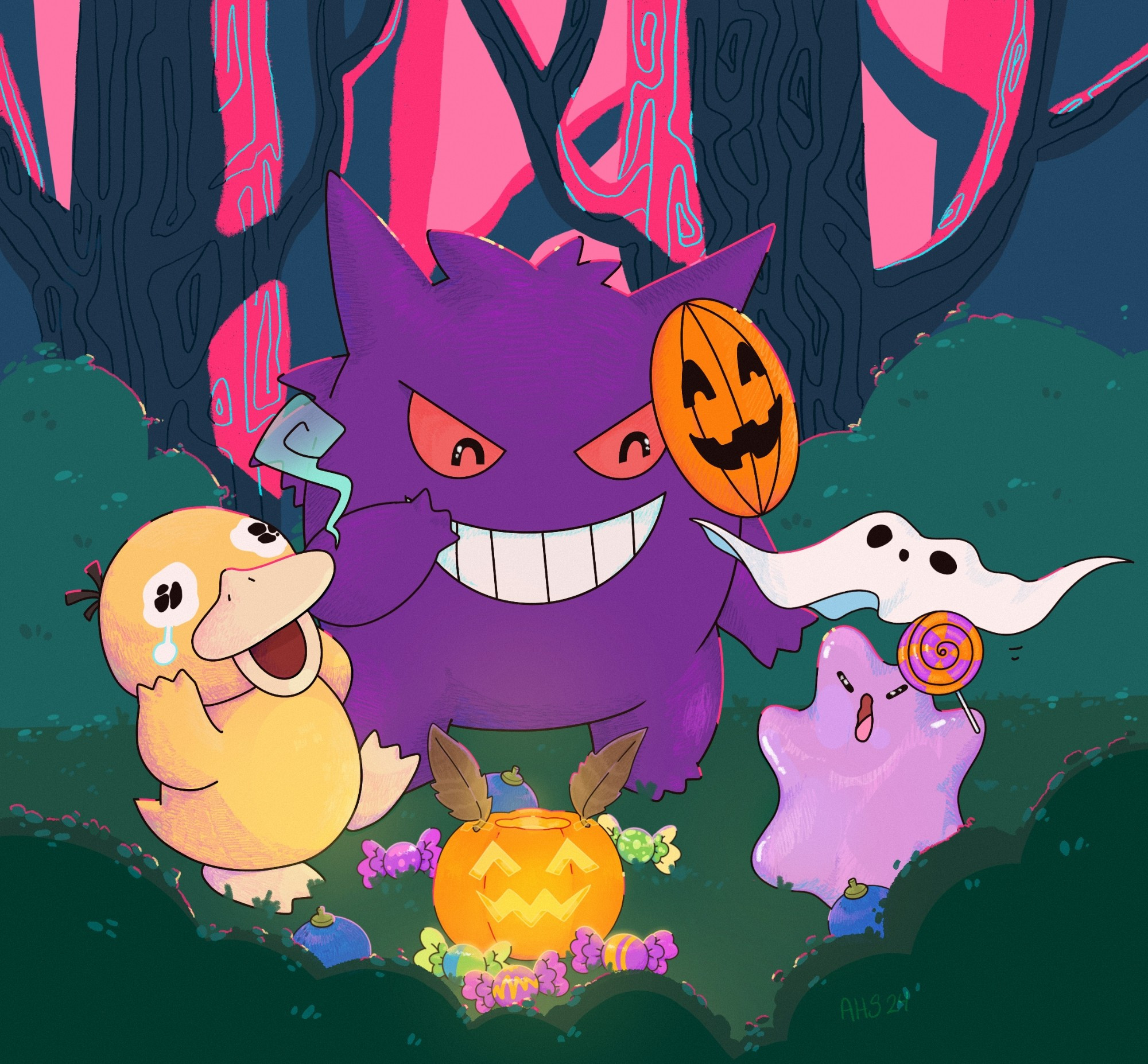 A digital illustration of Psyduck, Gengar, and Ditto gathered around a lit jack-o-lantern with piles of candy and oran berries. Ditto is stretched up tall and making a spooky face at Psyduck, falling backwards fear! Gengar is laughing.