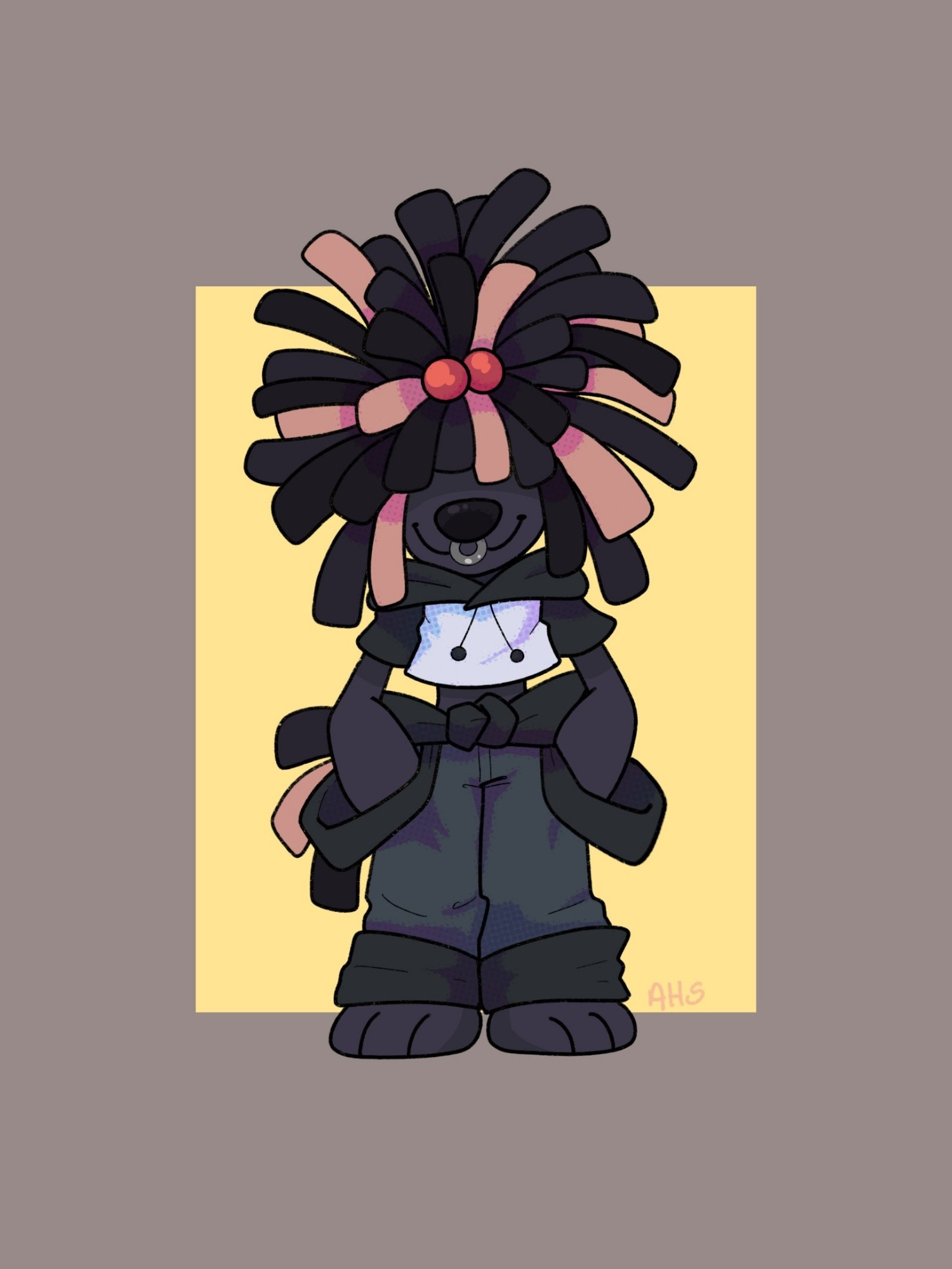 Chibi illustration of an anthropomorphic corded poodle. Their hair is black with pink streaks and covers their eyes.