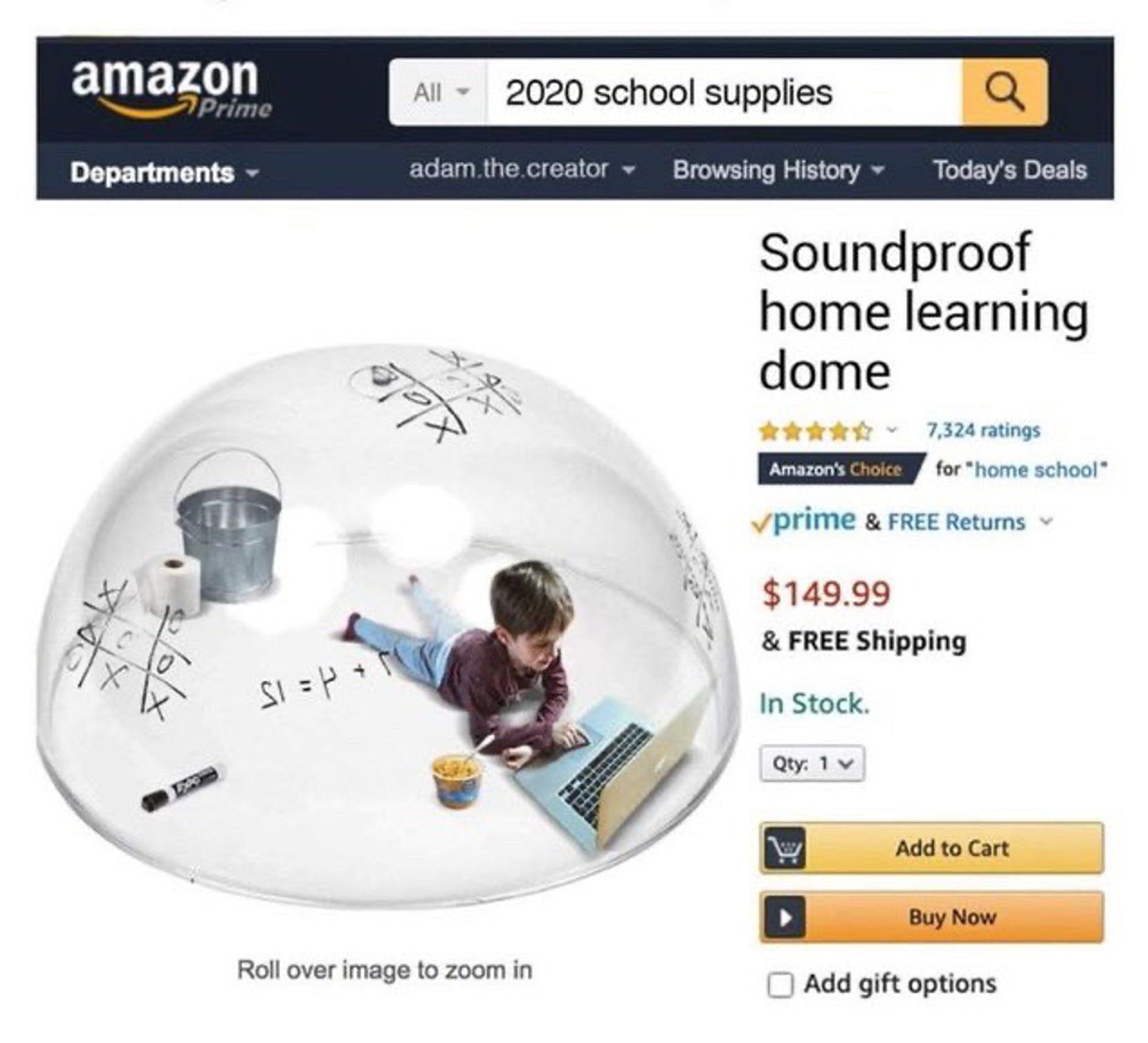 an Amazon listing of a Perspex dome apparently large enough for a child to lay down in, apparently soundproof