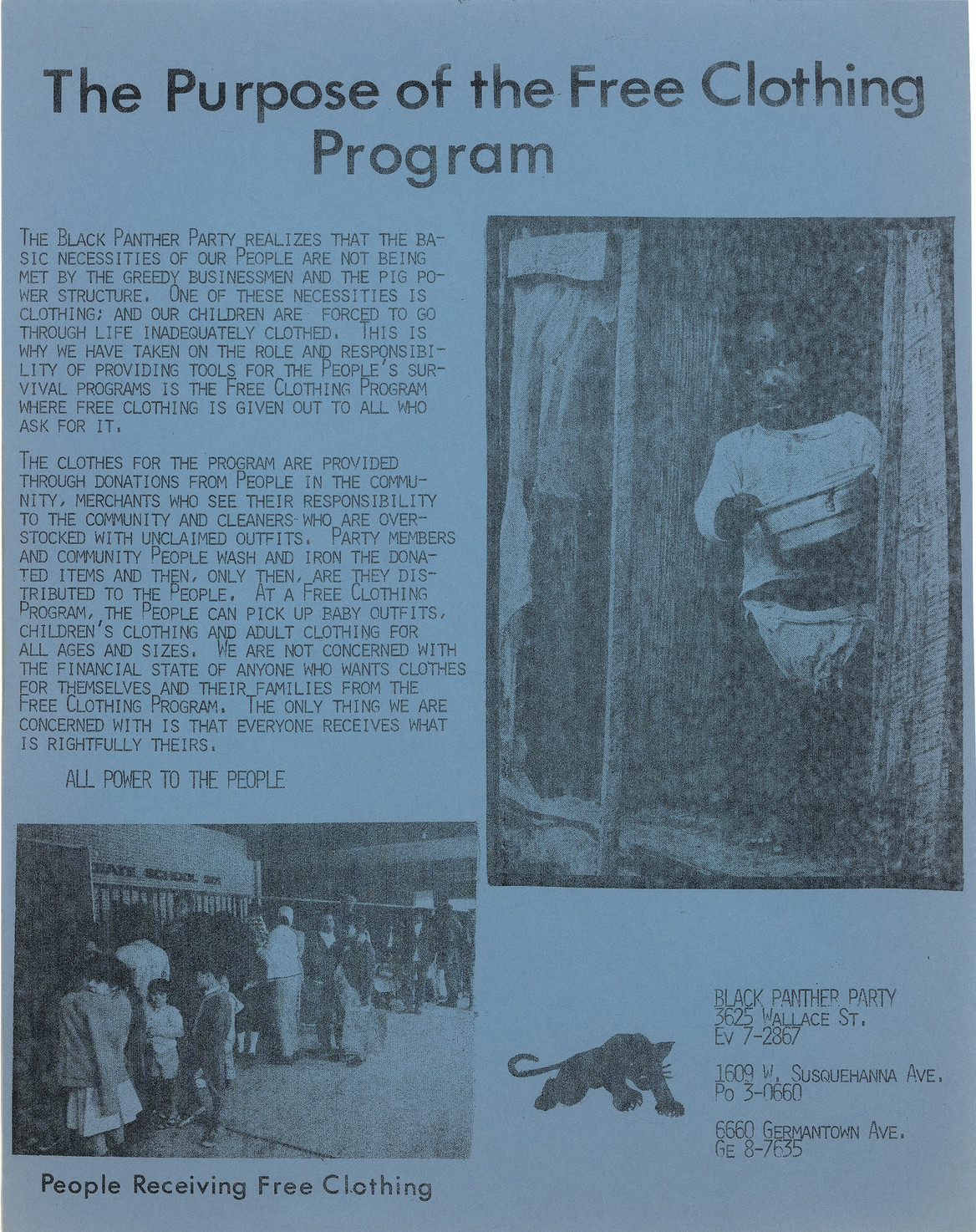 Photocopied flyer for the Black Panthers Free Clothing Program with two images of people receiving clothing, and a Black Panther logo.