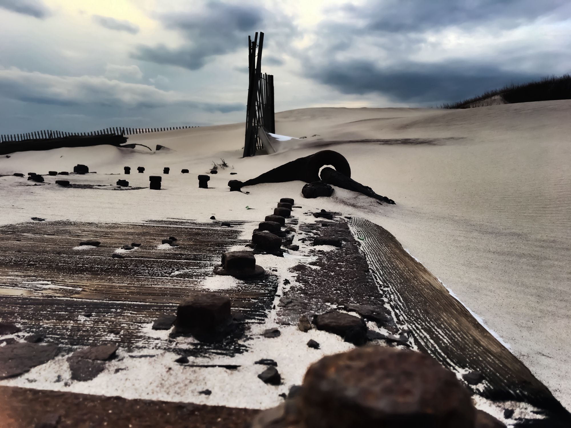 Washed up cargo freight in the dunes behind Jones Beach. Moody photography.