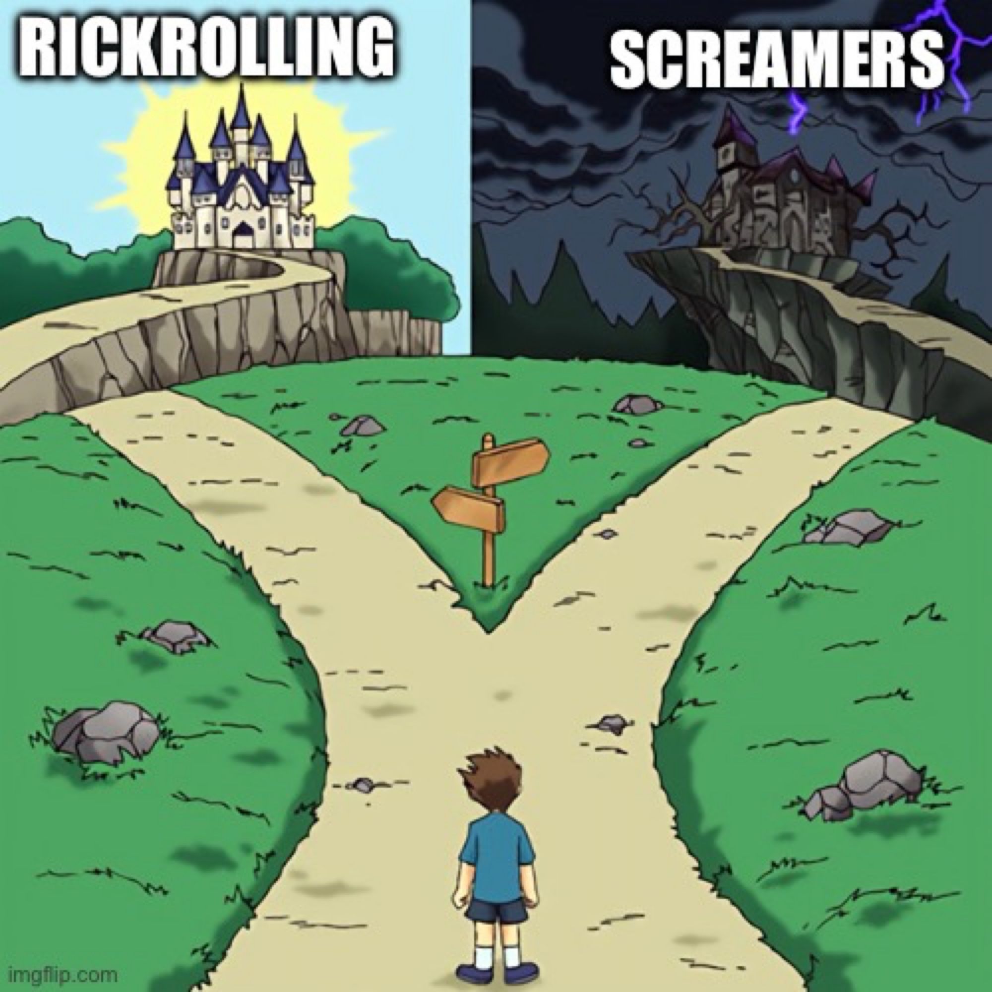 The two castles meme with the good side saying “Rickrolling” and the bad side saying “Screamers”