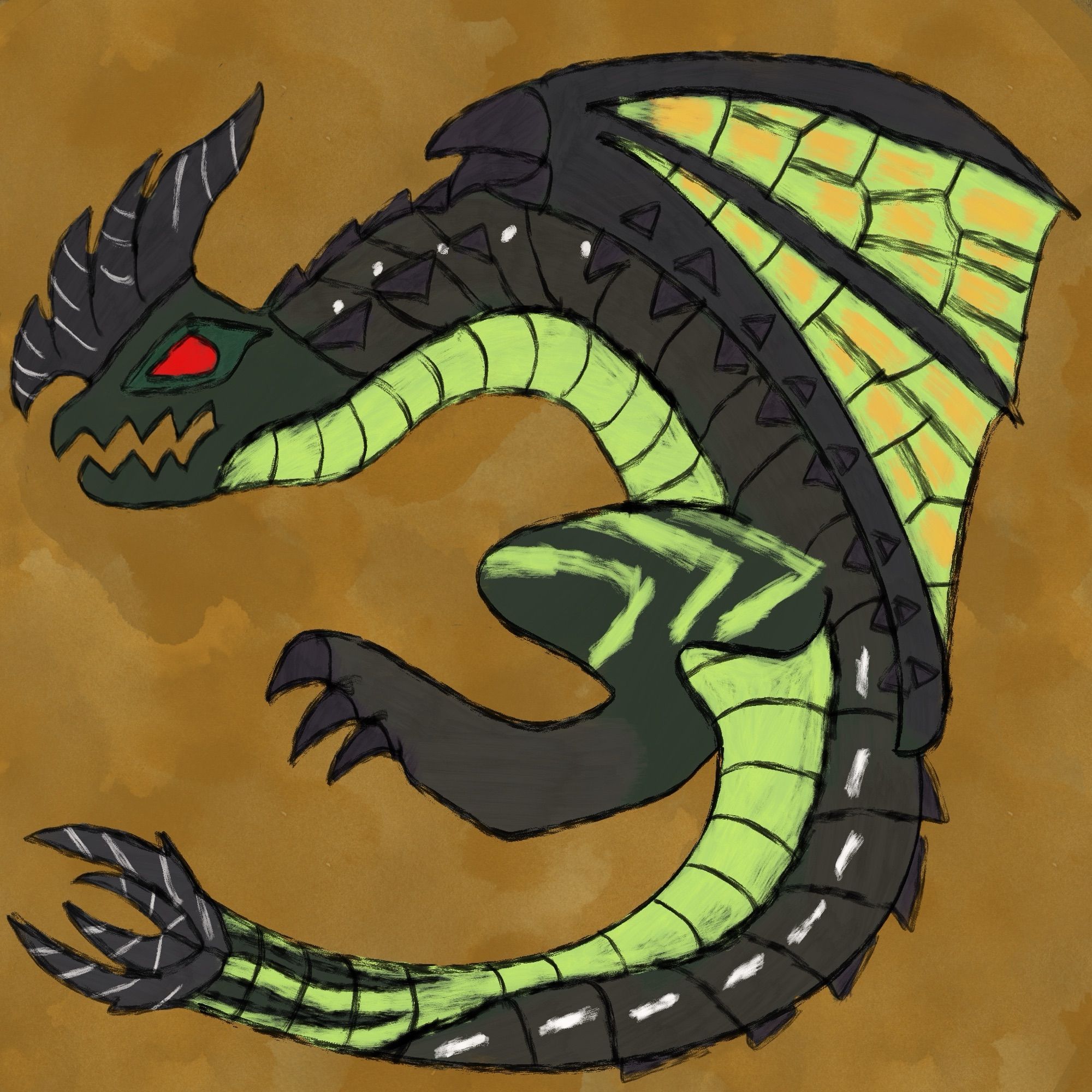 An icon of an Astalos, a brown and green Flying Wyvern with features reminiscent of an insect, notably a dragonfly. It has a large, striped headcrest and a pair of striped pincers on the end of its tail. Its wings are like a glasswing butterfly, semitransparent with a green and orange tinge to them. White spots go down the sides of its brown, spiky carapace along its back.