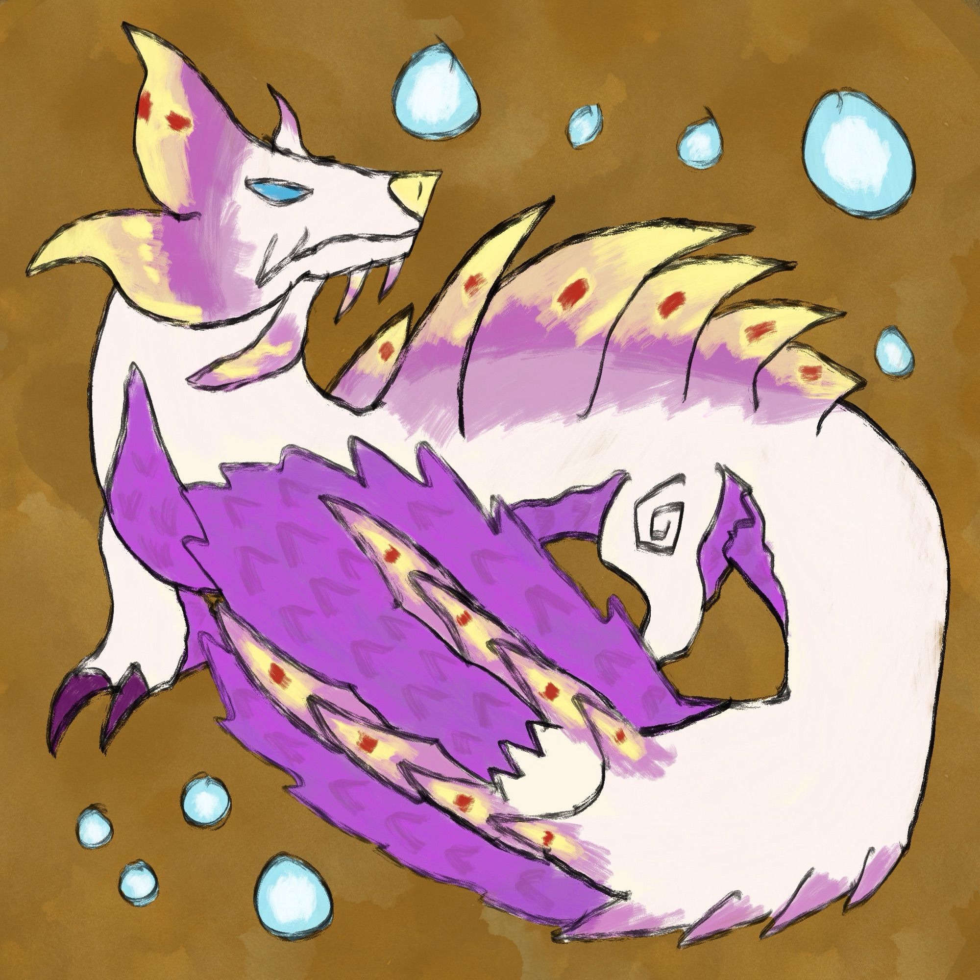 An icon of a Mizutsune, a type of Leviathan with a pinkish white body, bright colored fins on its head and back, and purple fur on its underside, front legs, and the end of its tail. It bears somewhat of a resemblance to a fox and creates bubbles using special oils it produces in its fur.