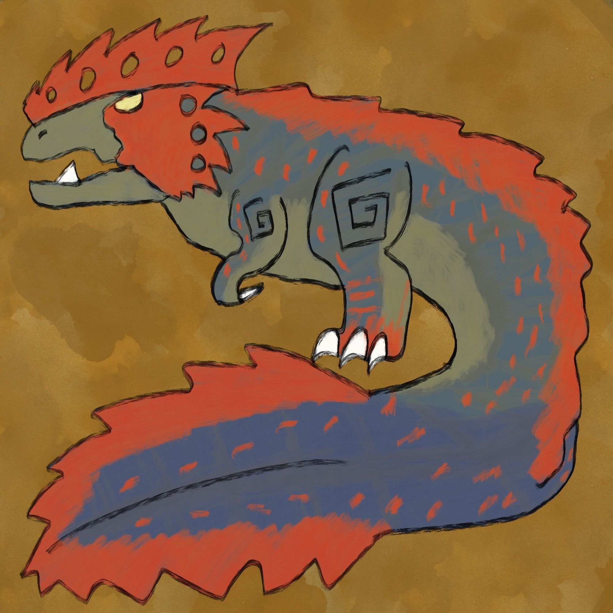 An icon of Quematrice, a theropod (Brute Wyvern) monster resembling a rooster with a blue and bright red color scheme and a large fan-shaped tail.