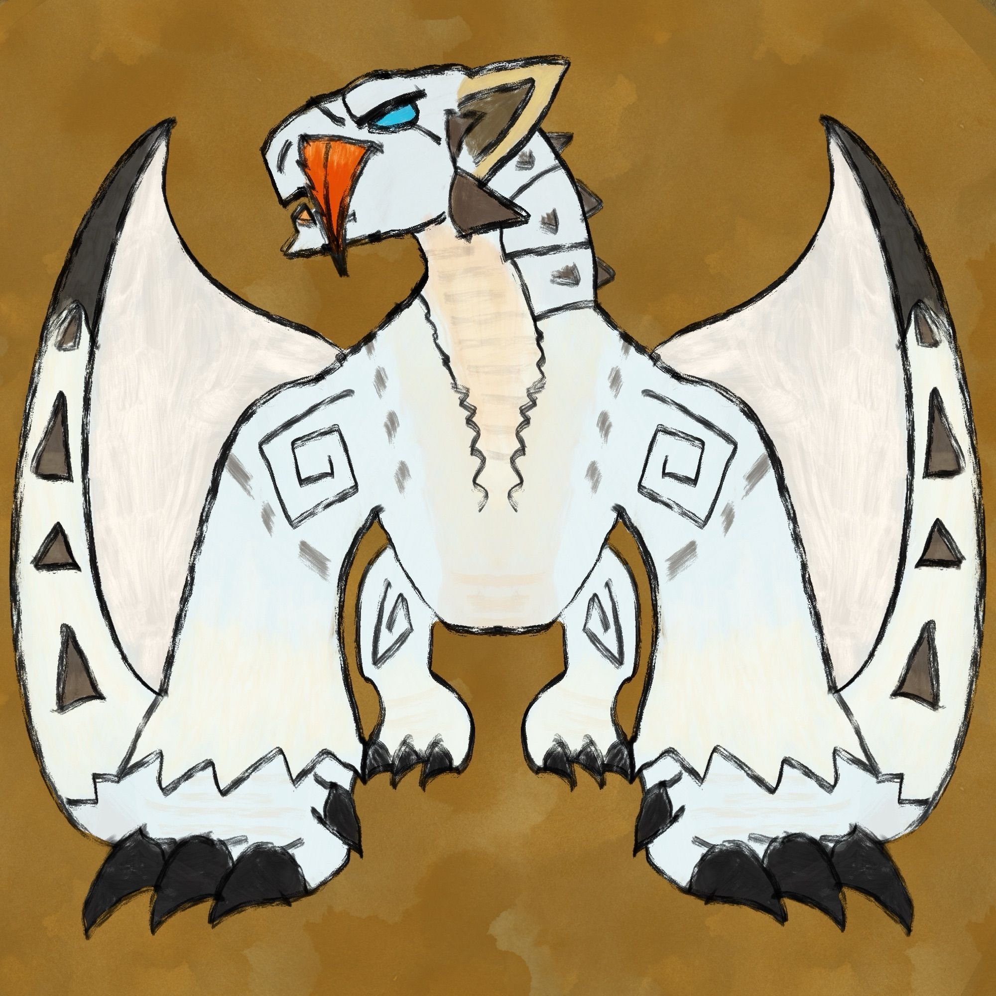 An icon of a Barioth, a white, saber-toothed Flying Wyvern that walks on all fours. Its fangs are a bright amber color as a result of its diet, causing its teeth to be stained with blood over time. It has spikes on its wings that allow it to grip onto icy surfaces when on the ground.