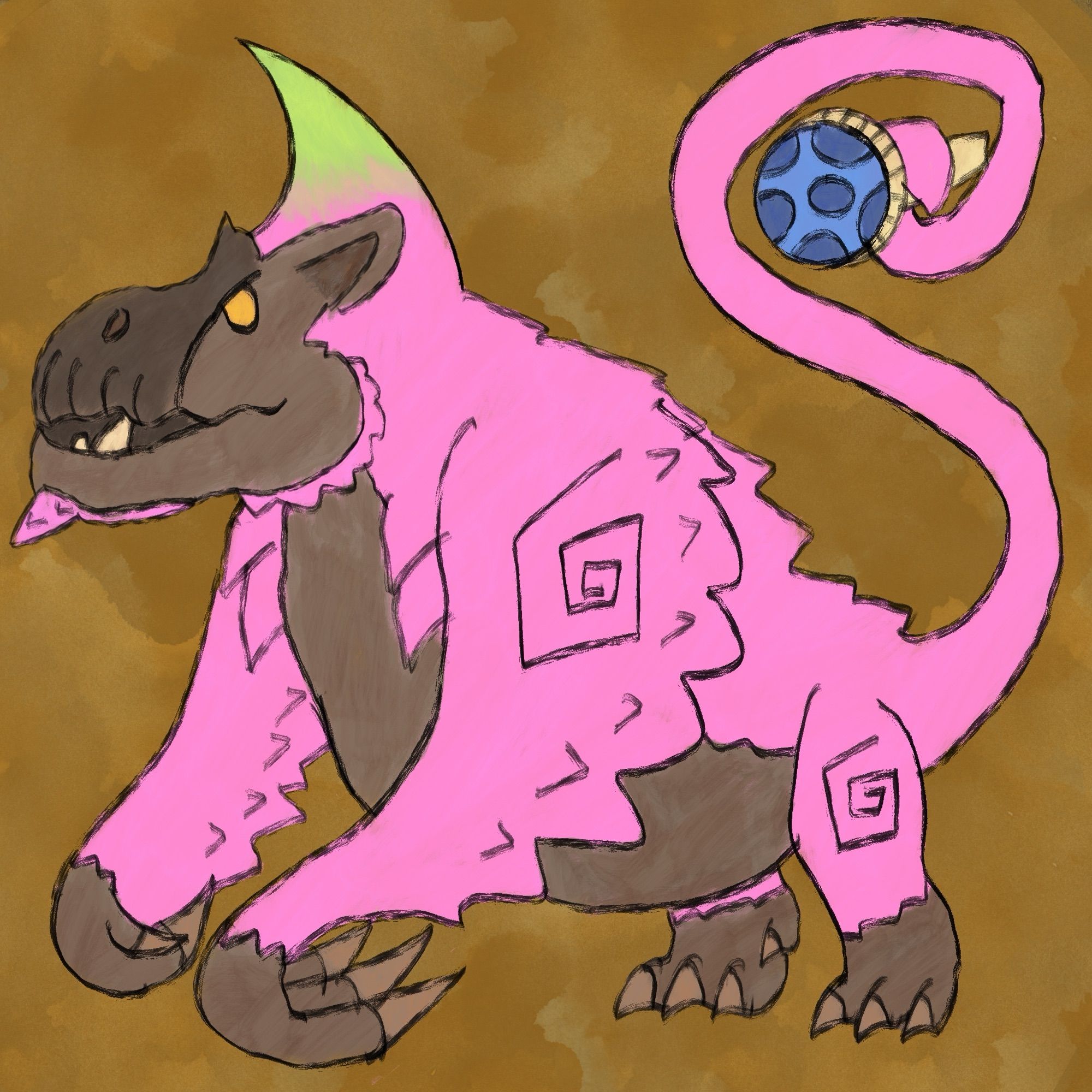 An icon of a Congalala, a primate-like Fanged Beast with a head resembling that of a hippo and a long, prehensile tail holding a blue mushroom. Its fur is a bright pink, with its pointy head crest taking on a more green hue, while its skin is more of a dark brown color; its hands and feet warmed with claws, with the front hands having more sloth-like claws.