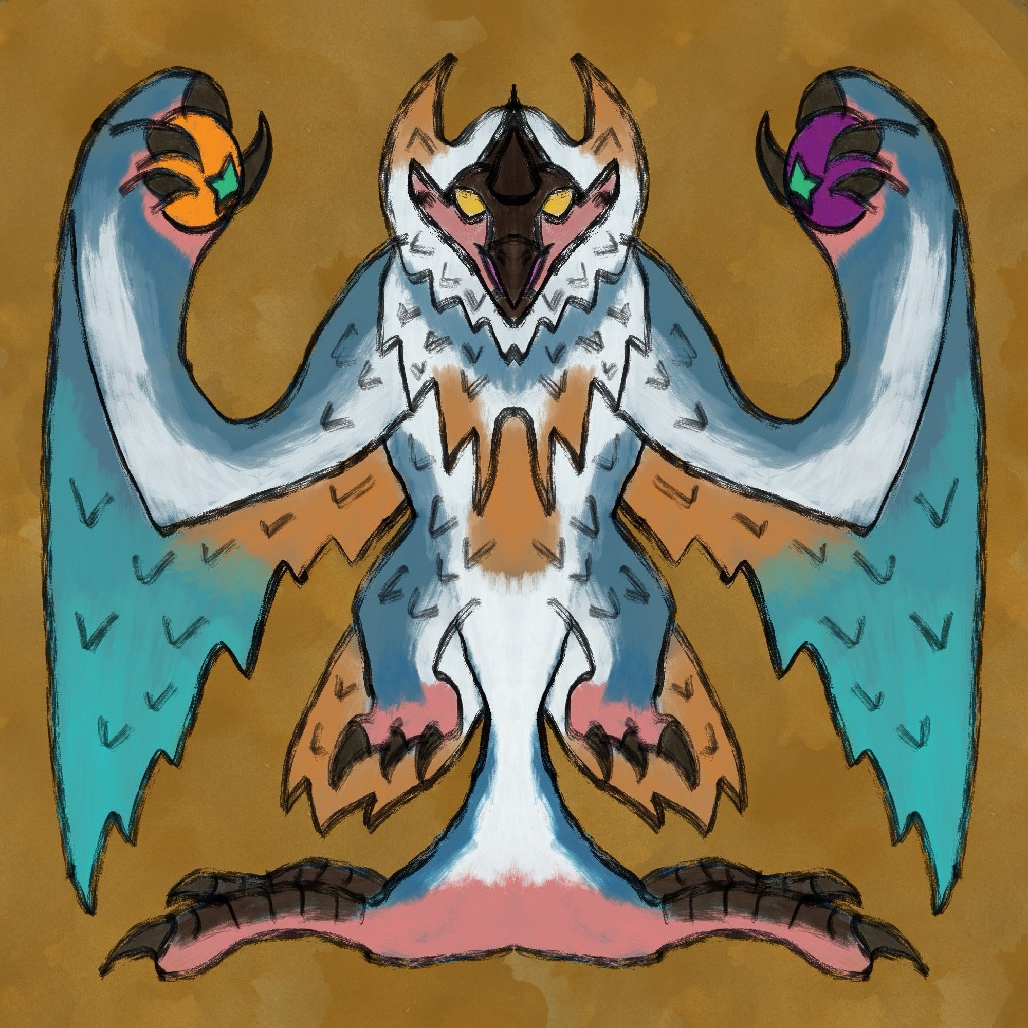 An icon of a Bishaten, a blue, white, and brown monkey-like beast resembling a tengu, with a beaked mouth, a pair of gliding wings on its arms, and a hand-like tail that it can stand on. It is holding two persimmons in its hands, an orange and purple one each.