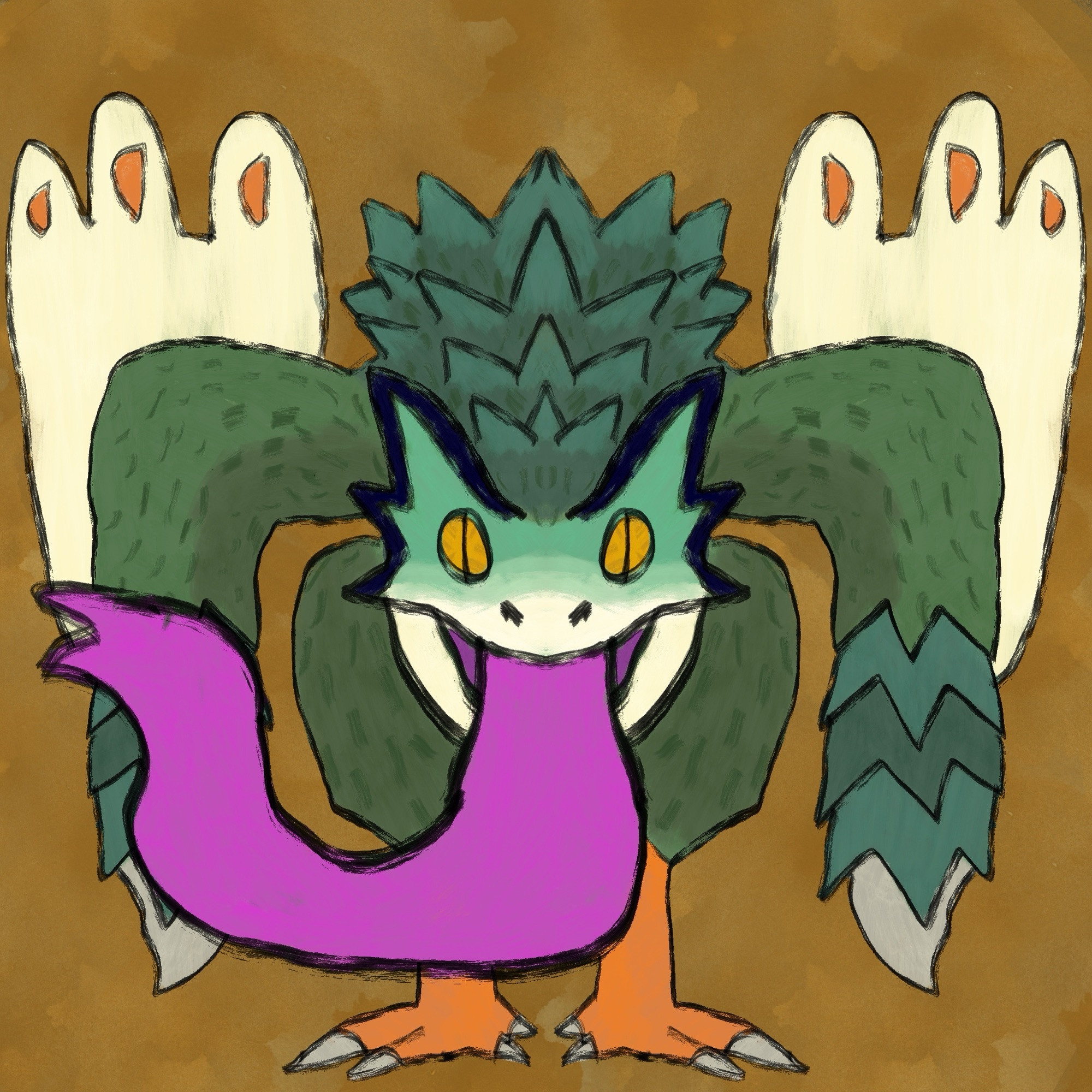 An icon of a Pukei-Pukei, a bird-like monster with features also reminiscent of a chameleon or gecko, namely its big yellow eyes and the long purple tongue in its mouth. It is primarily green, with blue-green feathers near its wing claws and behind its head. Its wings are beige with orange spots on the rounded edges of its digits, much like its lower legs and claws being the same orange hue.