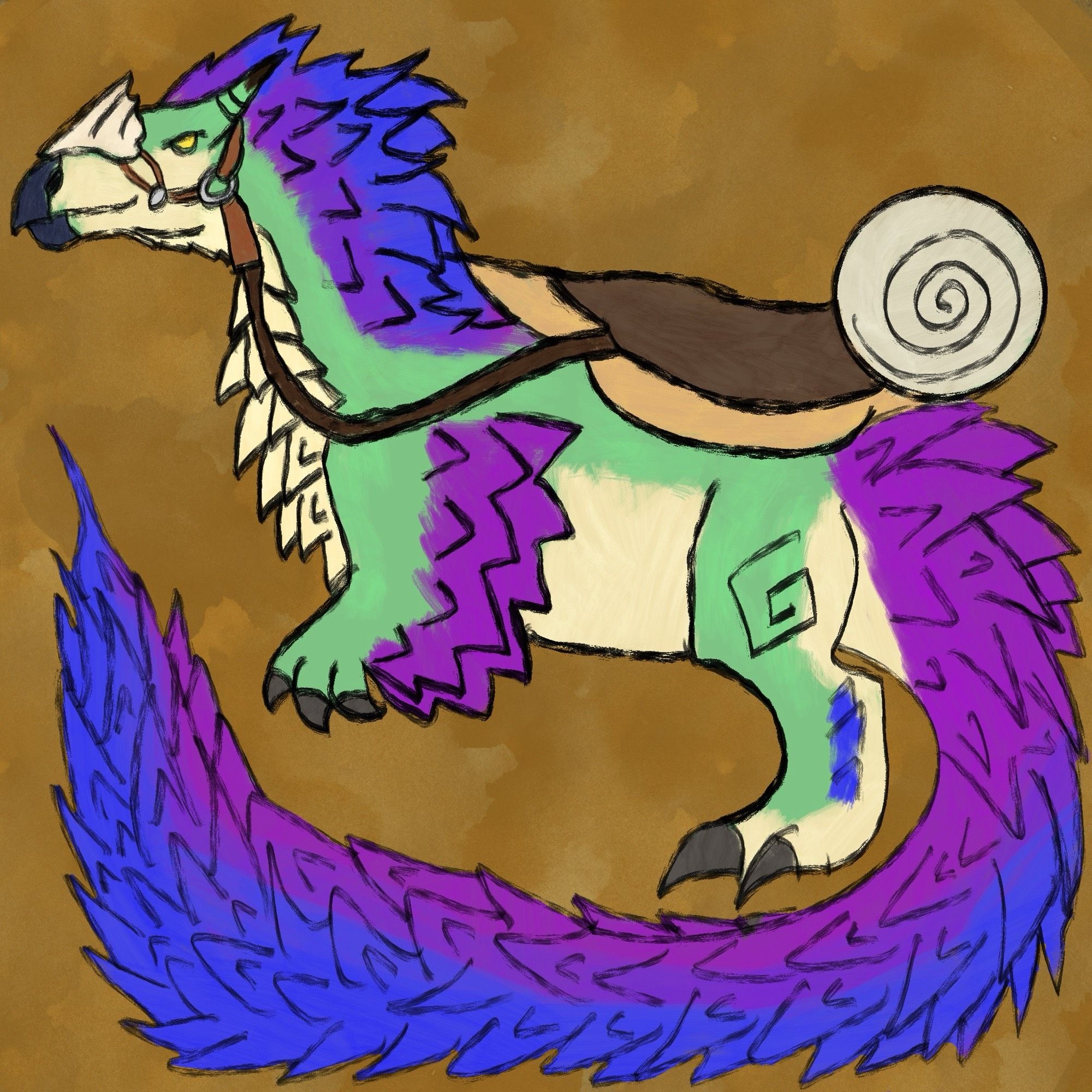 An icon of a Seikret, a green dinosaur-like monster covered in bluish-purple feathers on its head, arms, and tail. It is equipped with a saddle and harness, being a domesticated creature by the people of Kunafa Village in Monster Hunter Wilds