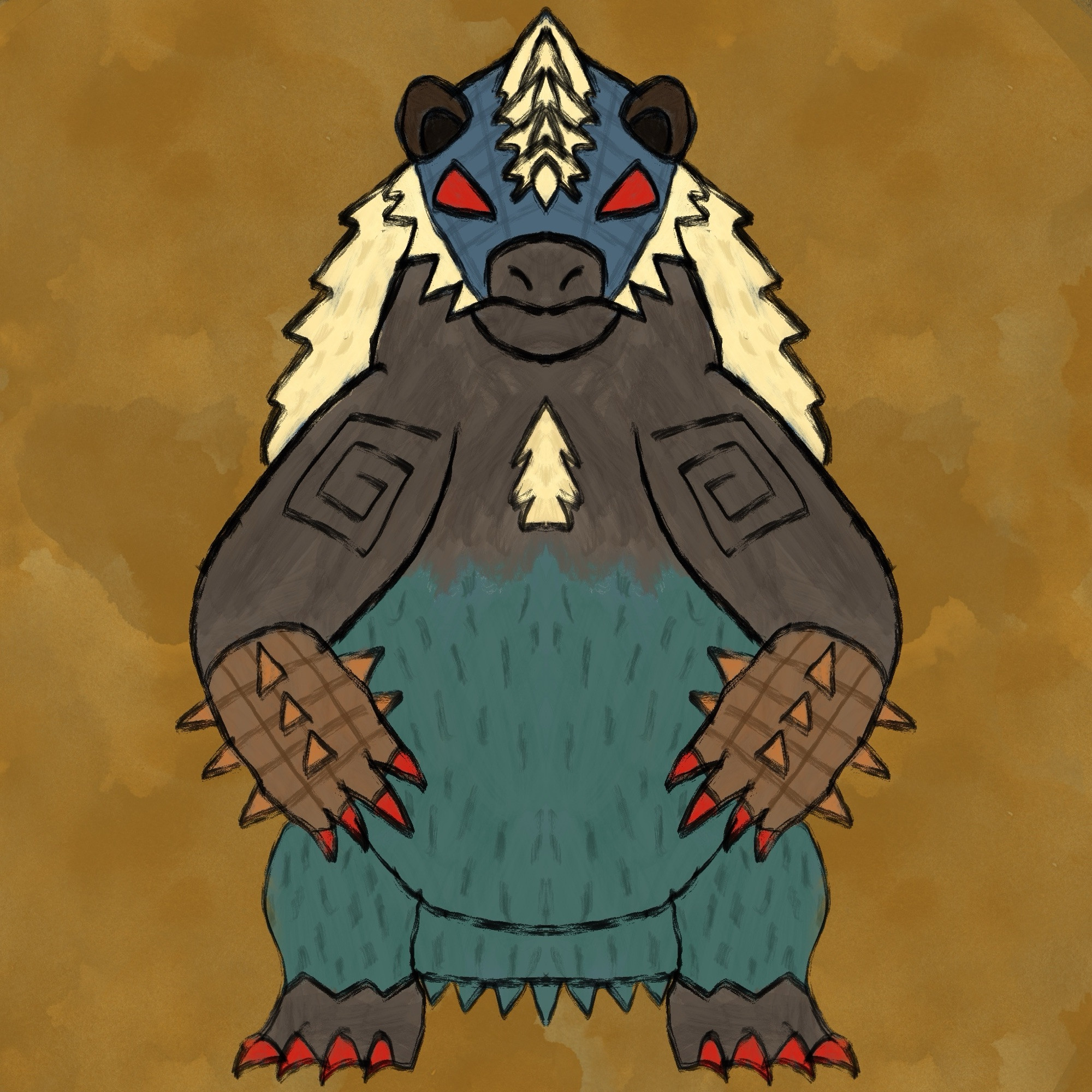 An icon of an Arzuros, a blue, bear-like monster with brown armored forelimbs and yellow fur running down its back. Its underbelly is a more greenish color, its claws and eyes are a red color, and the armor on its front legs have spikes on them for protection.