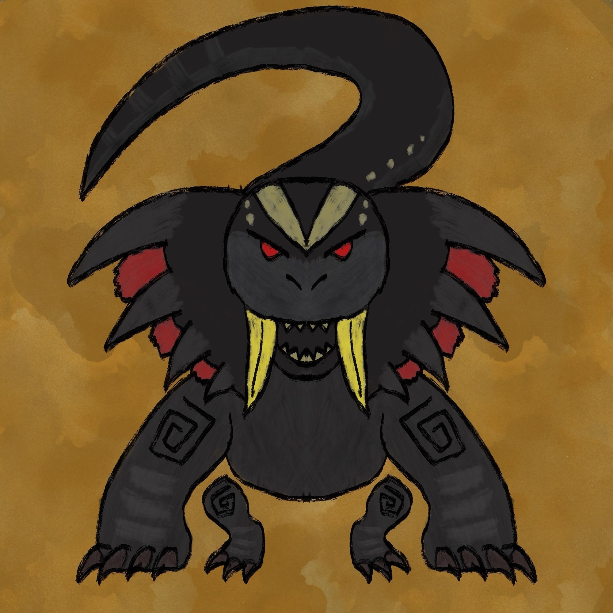 An icon of a Great Girros, a black, quadrupedal reptilian monster (a Fanged Wyvern) with features reminiscent of a cobra and a monitor lizard. It has red gills on the sides of its cobra-like hood that it uses to filter out pollutants in the air, bright yellow fangs that it paralyzes prey with, and yellow markings running down its back to warn predators about its paralyzing venom.