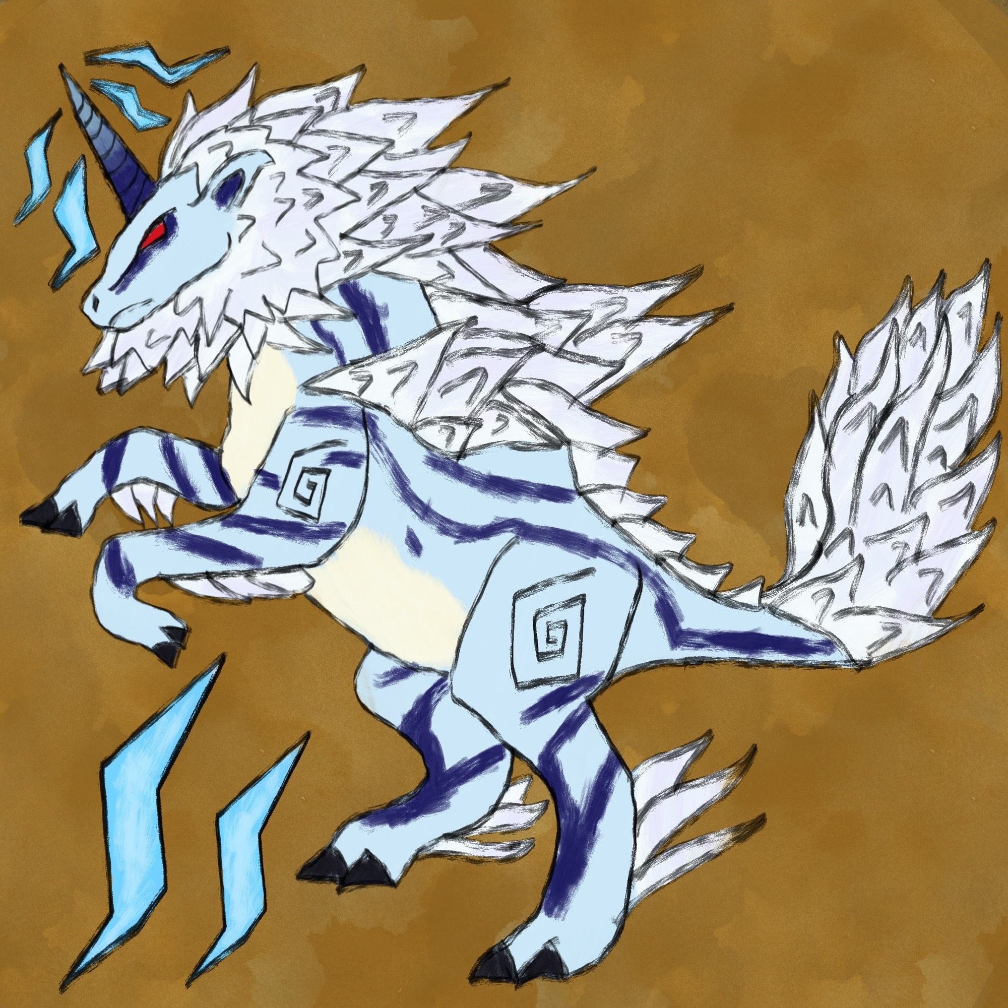 An icon of Kirin, a light blue unicorn-like Elder Dragon with dark blue stripes and horn, red eyes, and white fur. Around its horn are some bolts of electricity, as well as too bolt below it as it rears up on its hindlegs, much like unicorns in various coat of arms.