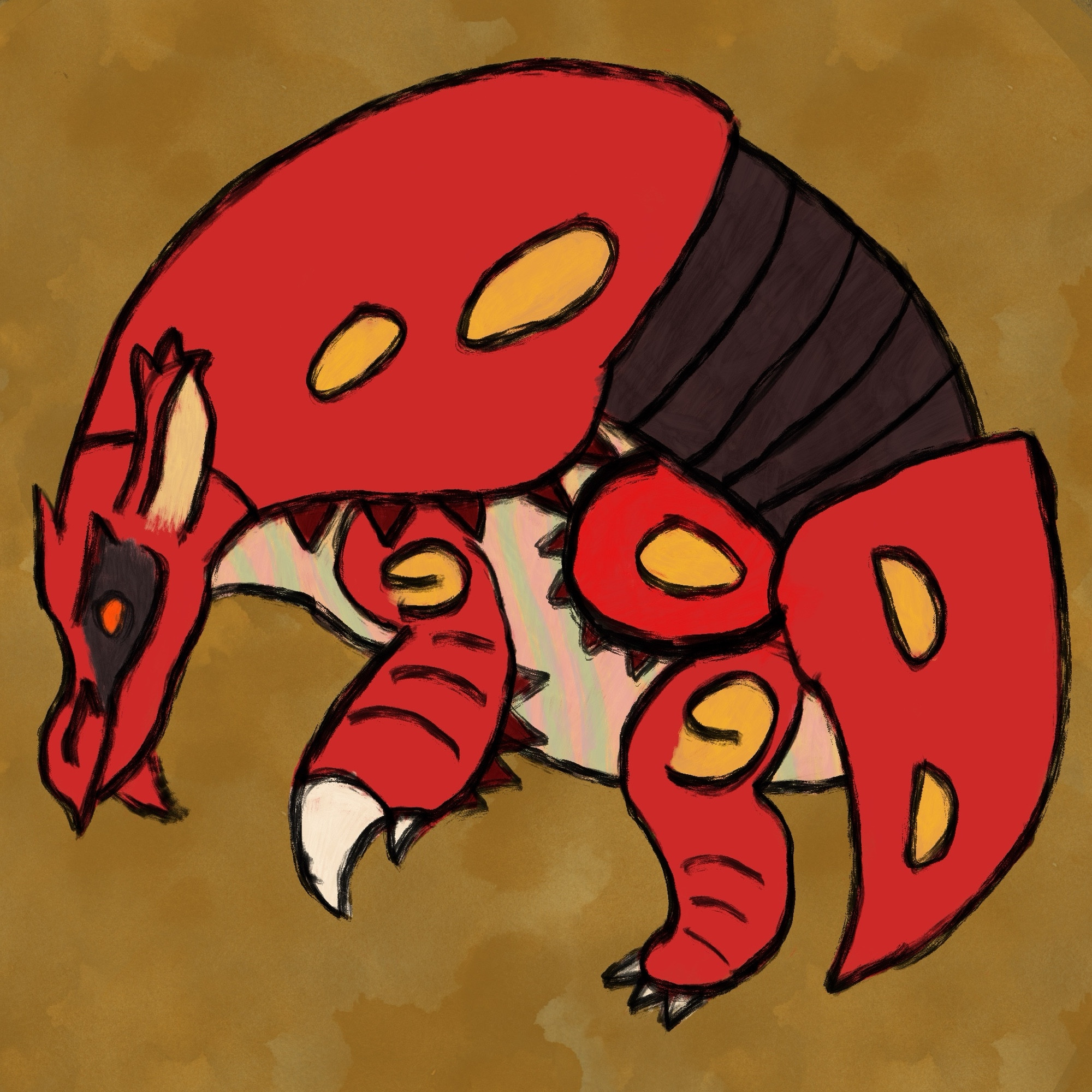 An icon of a Volvidon, a red, armadillo-like beast with a large claw on each arm. Its pink underbelly is soft, with green stripes running across it. It lives in hot environments.