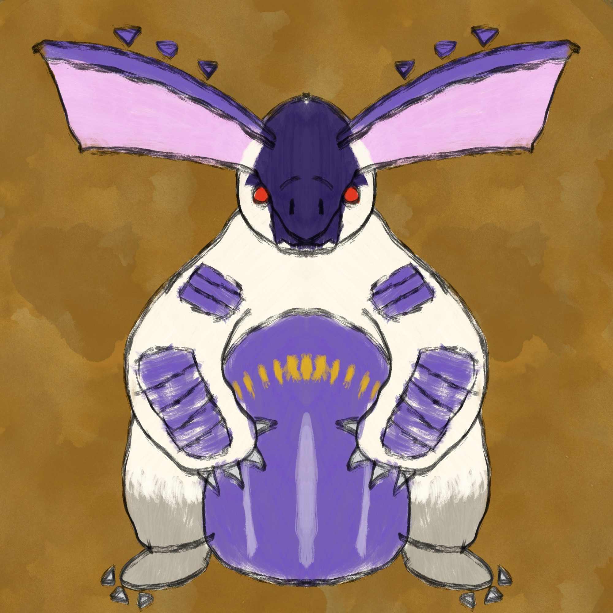 An icon of a Lagombi, a white rabbit-like beast with a dark blue, almost purplish underbelly that lives in cold environments. It has large pink ears on its head and some armor on its front legs and head, along with red eyes.