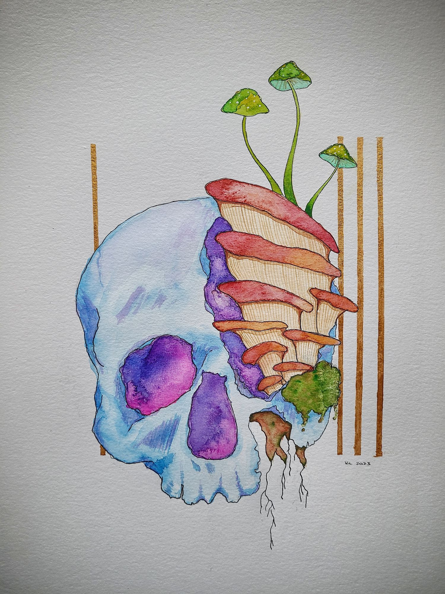 A watercolor painting featuring a blue-hued skull with pink and violet eye sockets. One side of the skull has crumbled away and mushrooms sprout from it,  slowly taking over the skull. Gold bars bracket the background 