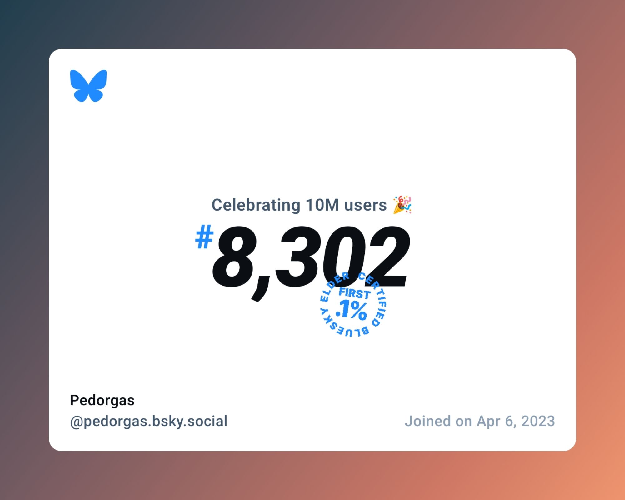 A virtual certificate with text "Celebrating 10M users on Bluesky, #8,302, Pedorgas ‪@pedorgas.bsky.social‬, joined on Apr 6, 2023"