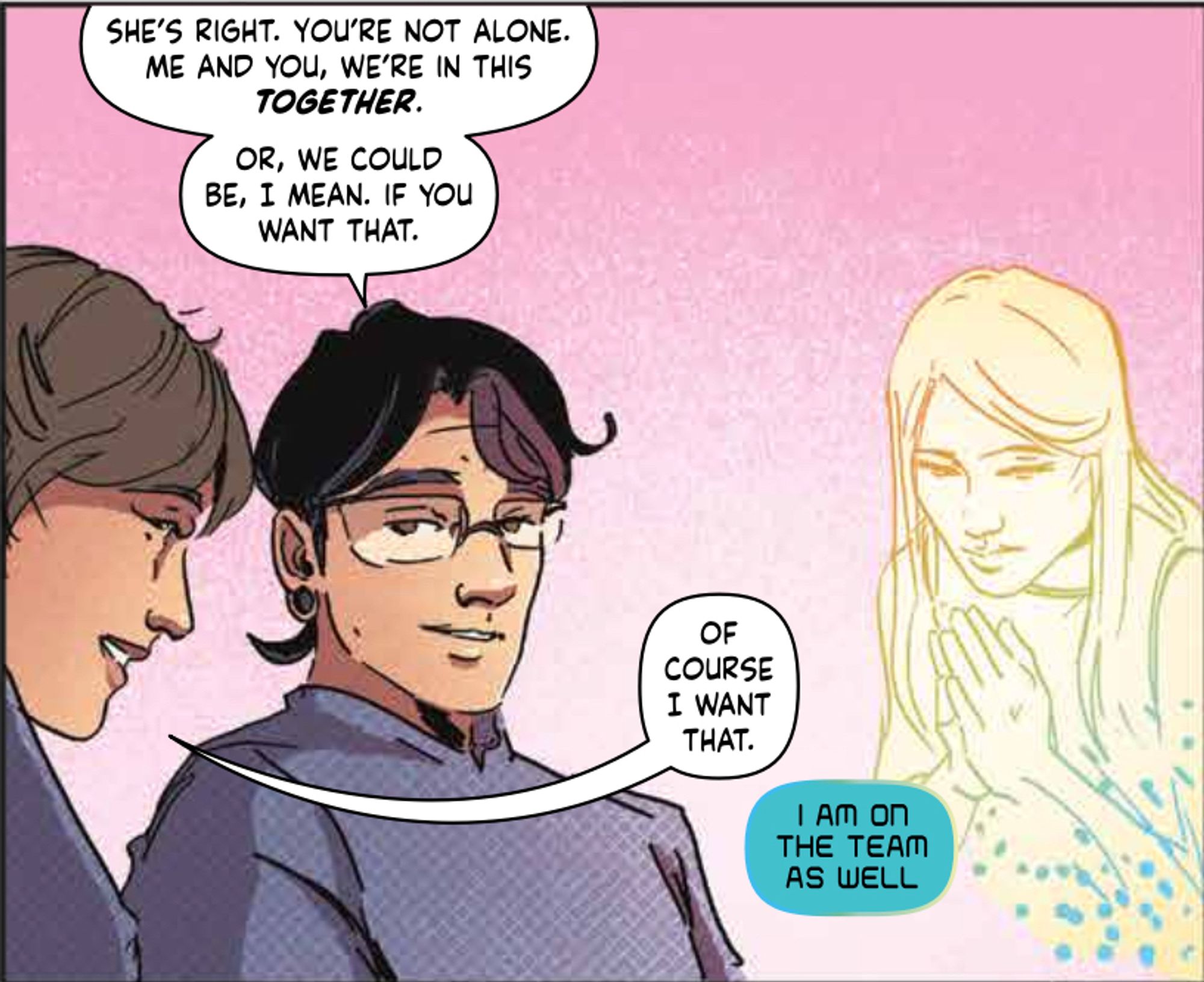 A panel from boom studios KNOW YOUR STATION, Featuring Elise Marin and st Brigid in conversation about not being alone!