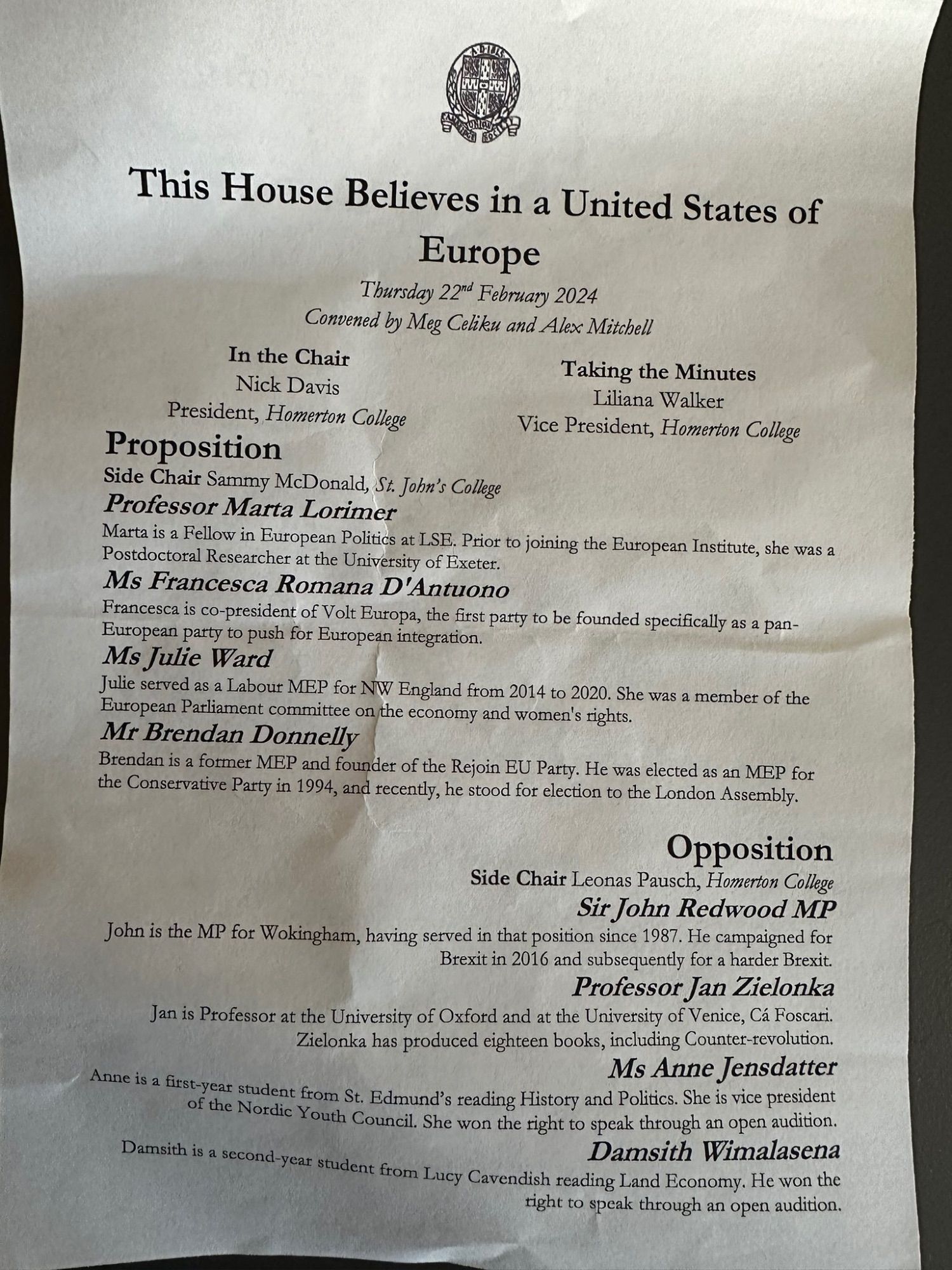 This house believes in a United States of Europe leaflet