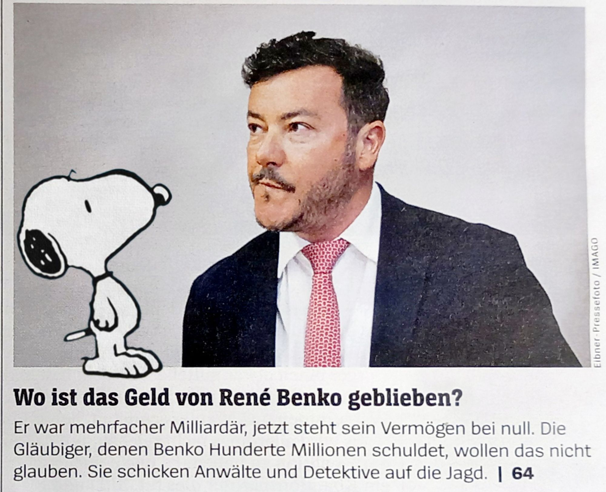 Ein Auszug aus einer Zeitung, der über René Benkos verschwundene Milliarden berichtet. Snoopy schaut etwas verwundert auf den Ex-Milliardär.