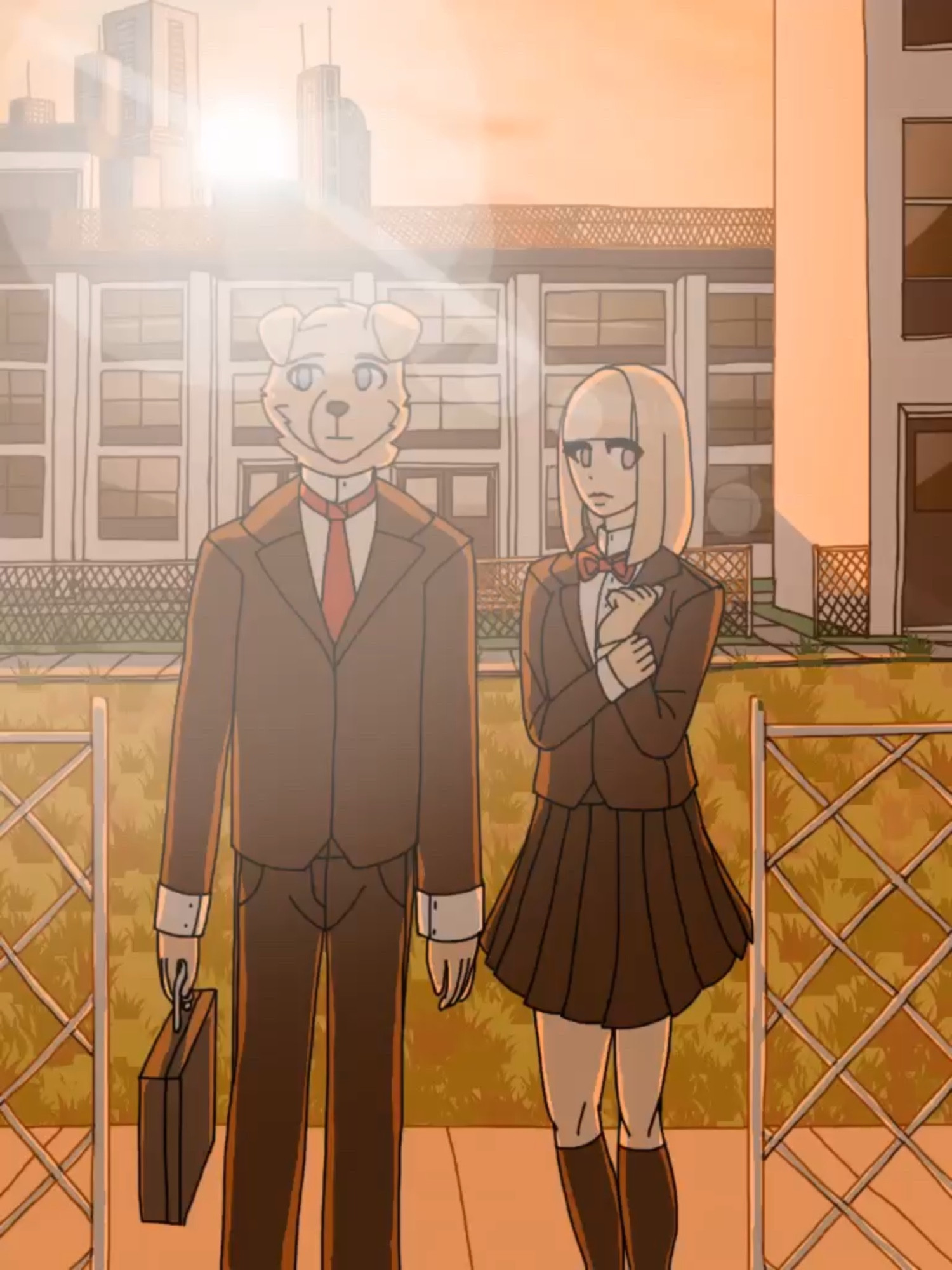 Yusabi and Gaochi leaving Hamigasa-Kiya, a fictional high school