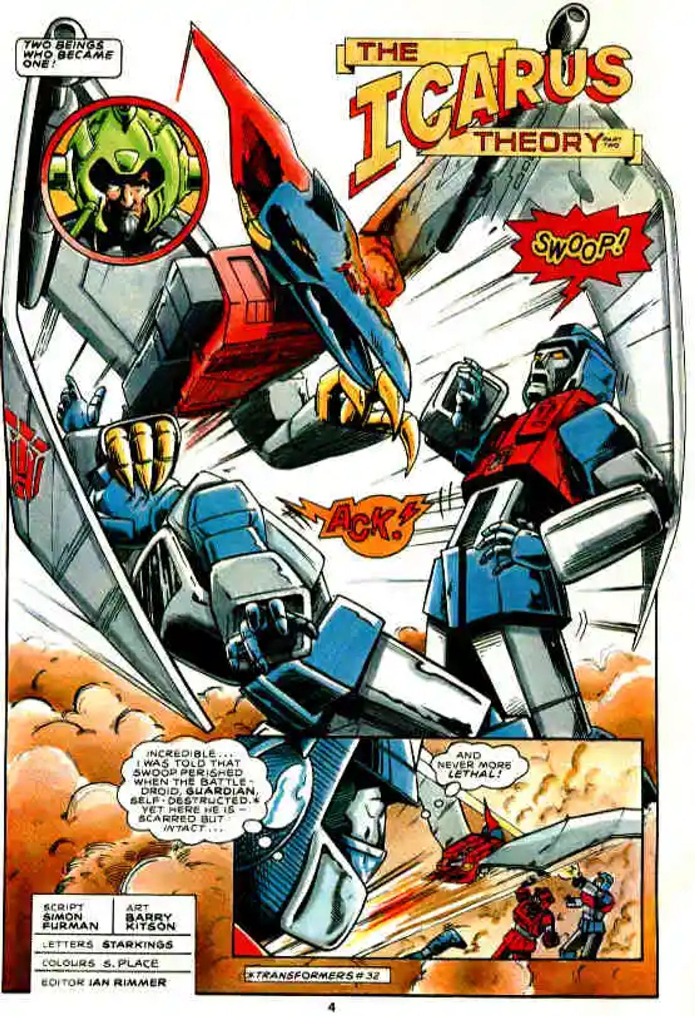 Splash page from The Transformers Issue 46 The Icarus Theory Part 2 - Swoop in Pteranadon mode, mauling Jazz and Sideswipe.