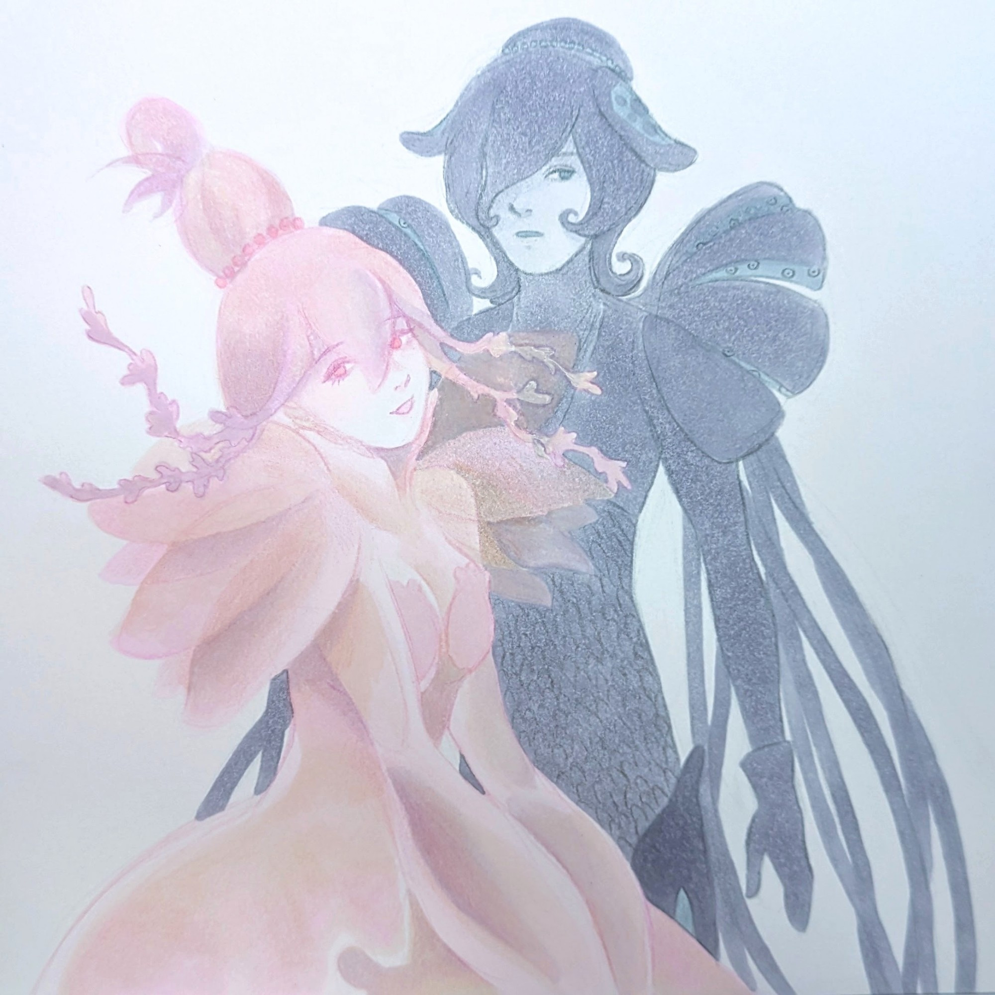 A pastel marker illustration of Ventricosus and Aculeatus from Houseki no Kuni.