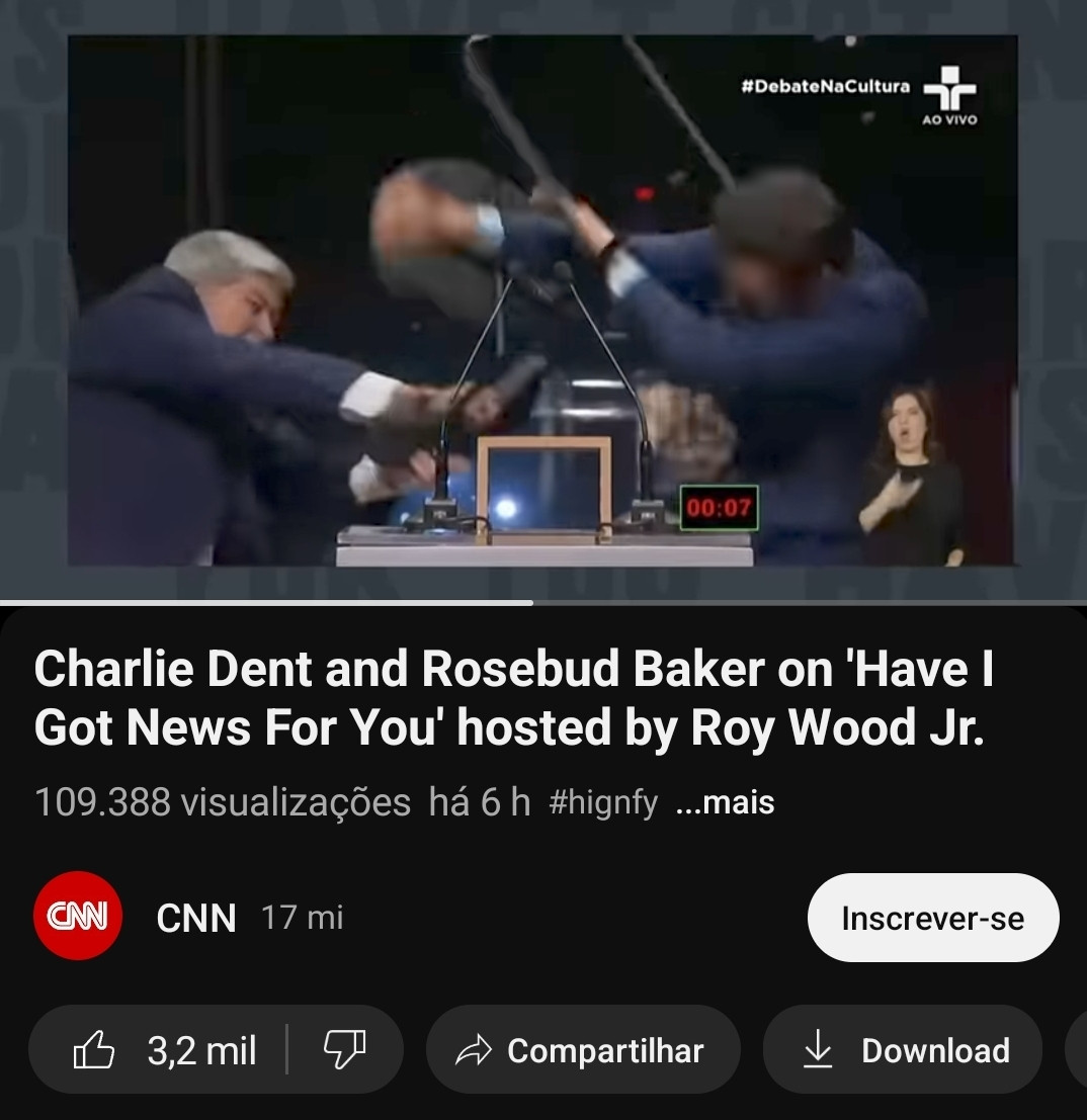 Imagem da cadeirada do Datena no Marçal num vídeo do programa Have I Got News For You, no YouTube da CNN.