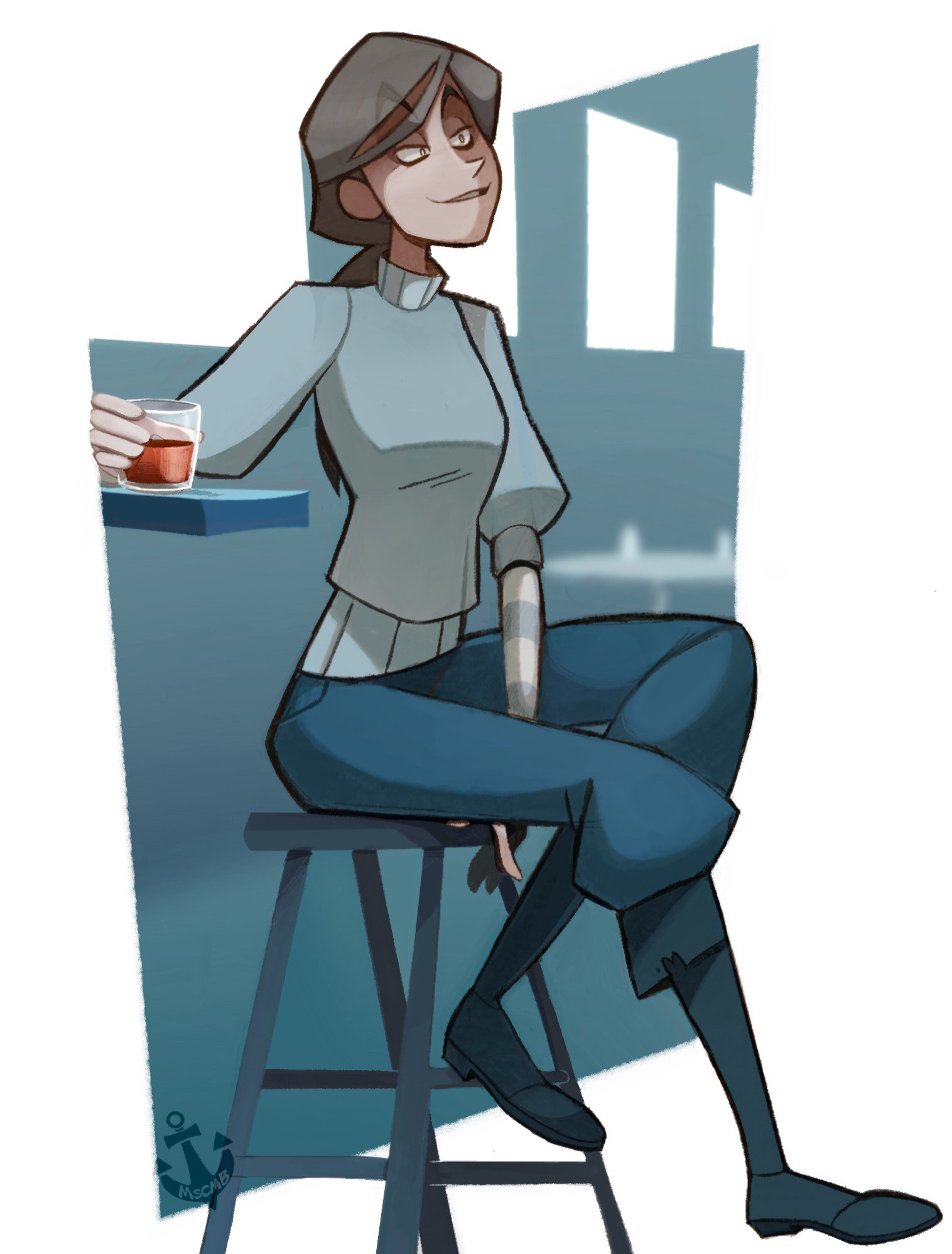 My character Jackie sitting down with a glass of whiskey with blue colour tones