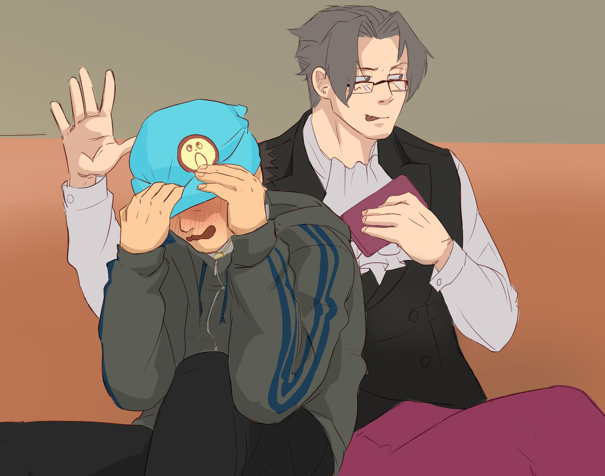 Wright blushing and hiding his face under his beanie while mumbling about Edgeworth being annoying. The other licks his lips and lets him go, smiling.