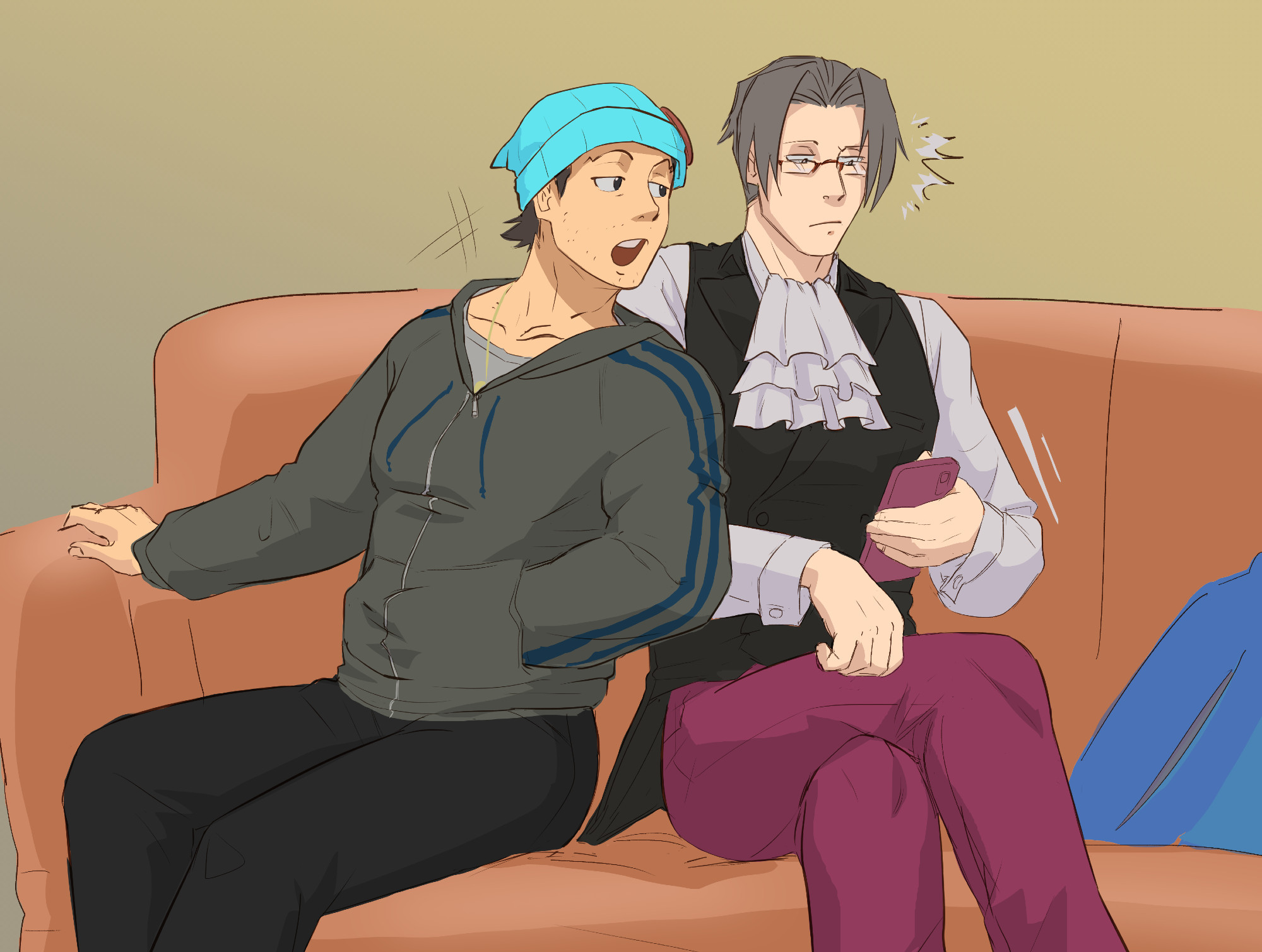 Wright leaning against Edgeworth and calling to his attention while he's trying to do something on the phone.