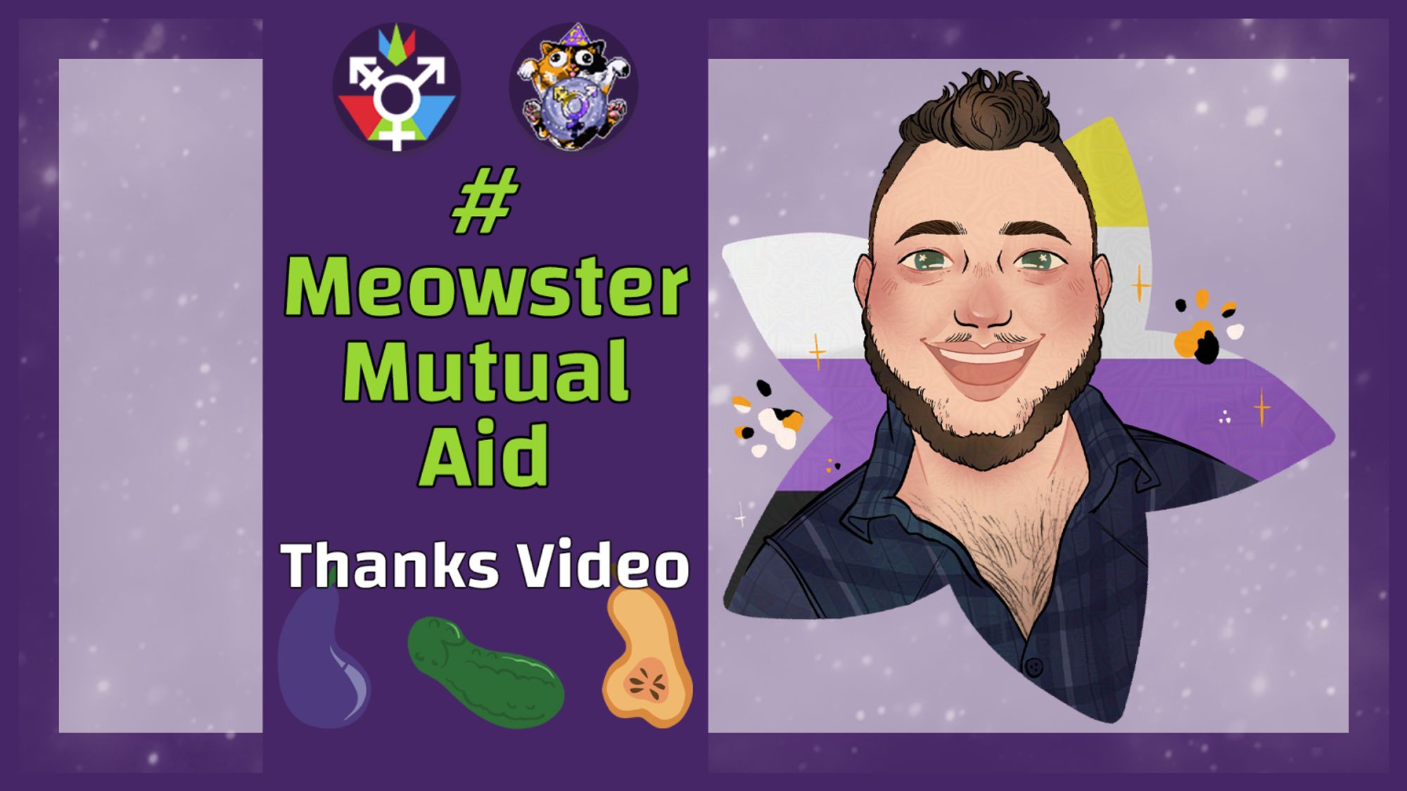 A purple rectangle background with stars. An opaque white box is in front of it. On the left side of the image is the Gender Federation logo, the GenderMeowster logo, green text that reads "#Meowster Mutual Aid Thanks Video". On the right is star shaped digital art of Meowster with a nonbinary flag behind them. Meowster is smiling widely.