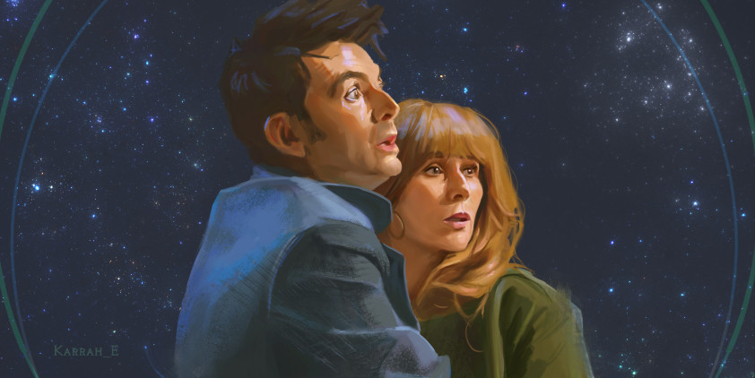 A stylised portrait of David Tennant as The Doctor and Catherine Tate as Donna. They are clinched close, both looking alarmed towards something offscreen to the right of the image. The background is a starry sky. 