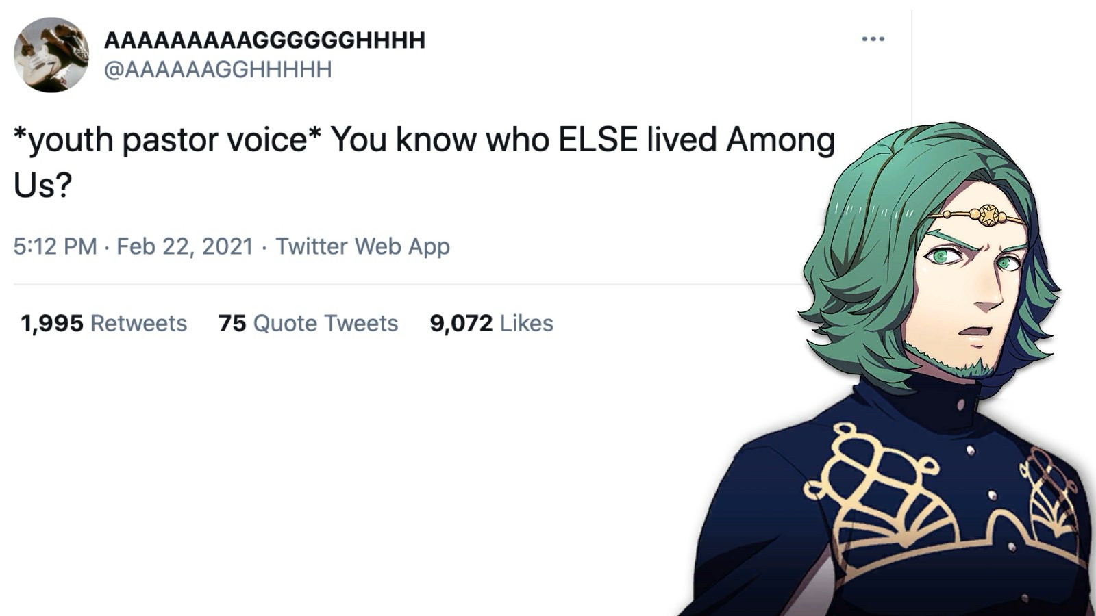 sprite of Seteth fe3h pasted onto a tweet that says "*youth pastor voice* You know who ELSE lived Among Us?"