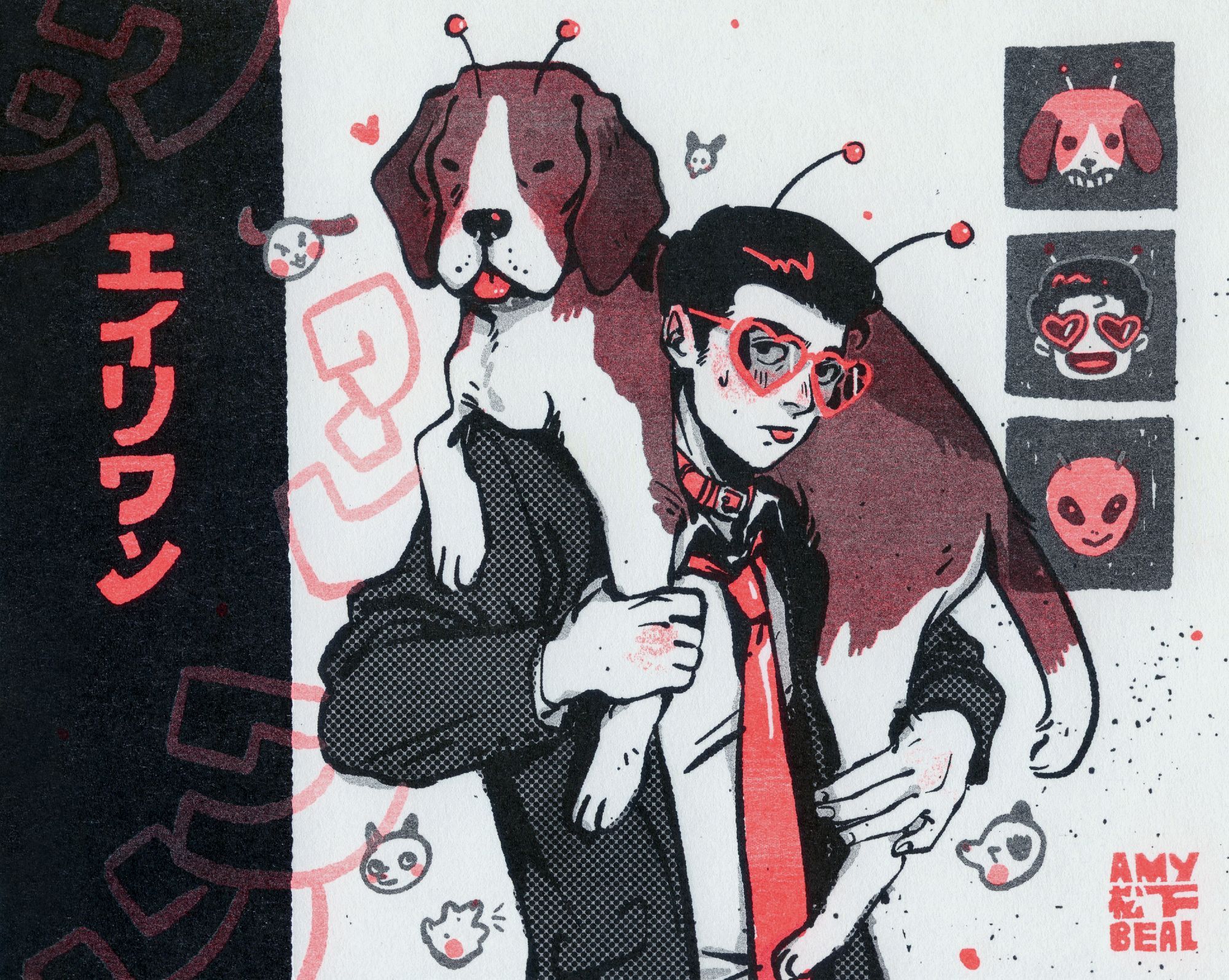 Risograph print of an illustration using florescent orange/pink and black ink. The center features someone with short slicked back hair in a suit and tie, a dog collar, heart shaped sunglasses, and antennae with spheres at the end, they are sticking out their tongue. On their shoulders they are holding up a somewhat large beagle who also has antennae and is sticking out their tongue. Three squares at the top right show the two characters smiling as well as a classic depiction of an alien with large eyes. Tiny doodles of various dog heads are floating around . At the left "aliwan" is written in Japanese (a combination of the word Alien and "wan," or the equivalent of a bark in Japanese. "wan" is also written in the background 3 times. The bottom right is signed Amy Matsushita-Beal.