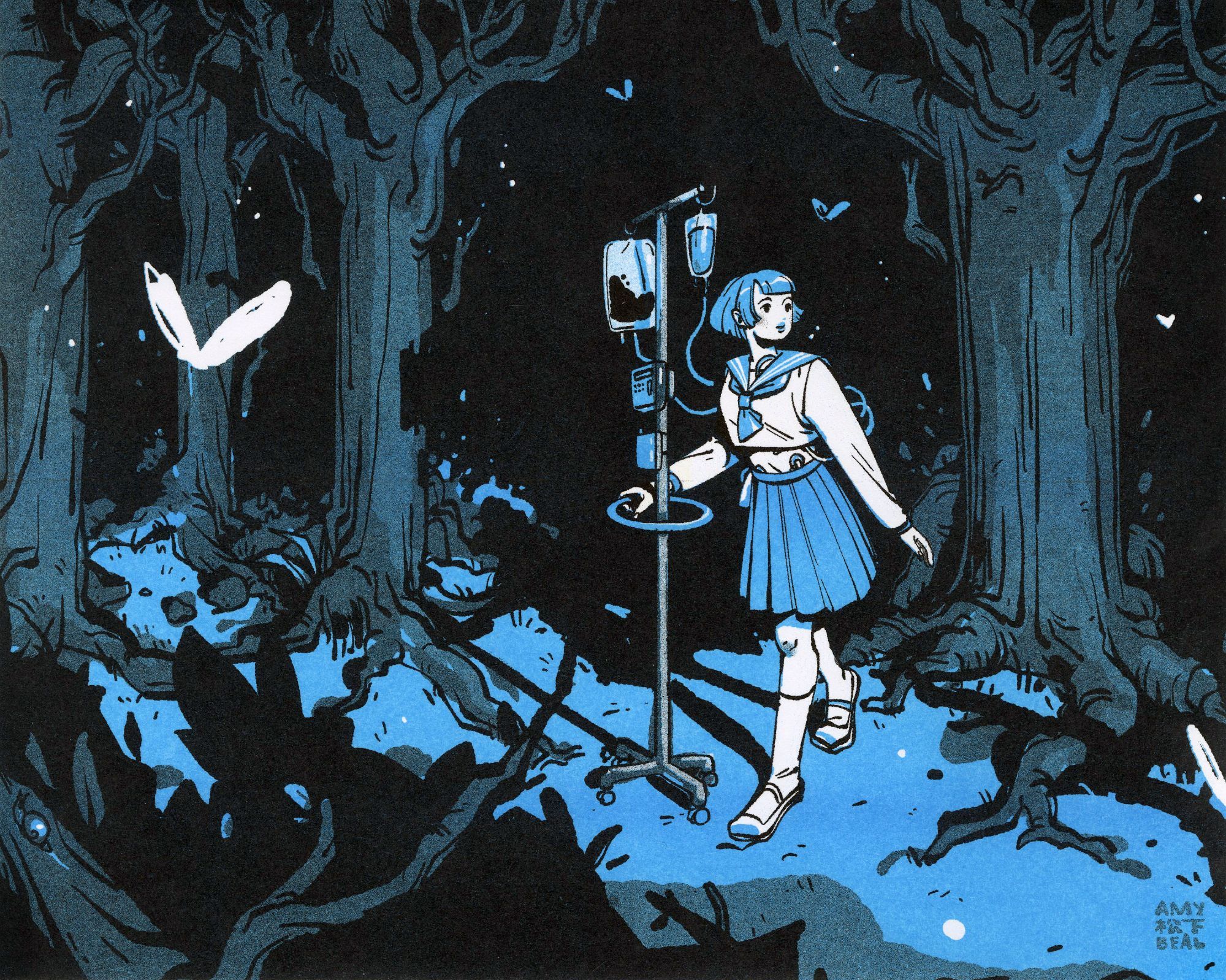 Risograph print of an illustration of a blue forest. In the forest a figure is wearing a sailor uniform and is hooked onto and pushing an IV pole, walks, looking around. Heart shaped creatures fly around.