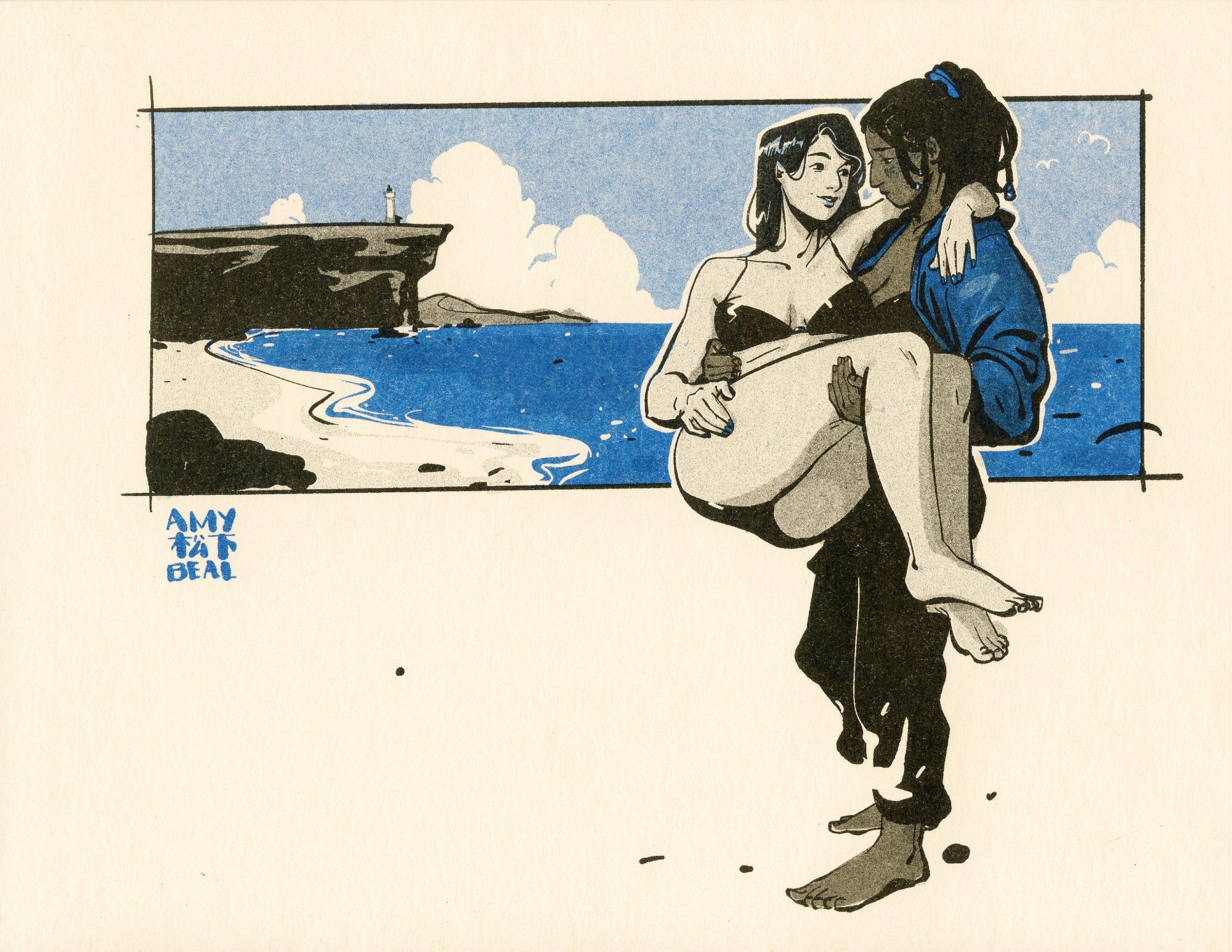 a black and blue risograph print of an illustration by Amy Matsushita-Beal. A dark skinned person with tied up braided hair with beads, wearing a blue jacket, black pants, and a low cut black shirt, holds up a lighter skinned older woman in a black bikini in a princess hold. The older woman has straight, black, shiny hair and she smiles up at the woman holding her and has her arm around her shoulders. The younger woman looks down blushing. A long rectangle behind them shows an ocean back scenery with blue skies with fluffy clouds and a cliff and lighthouse in the far distance.