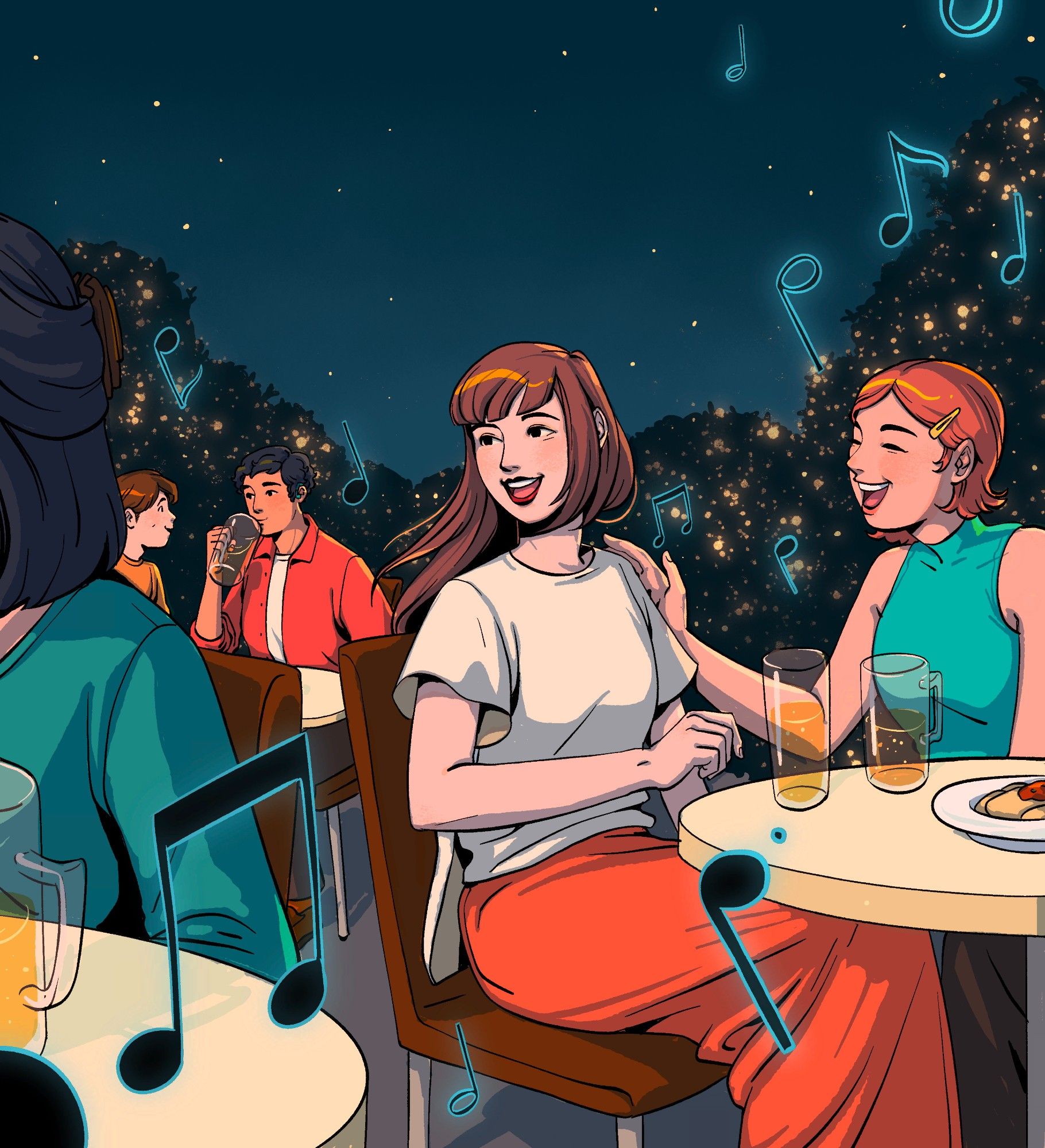 Illustration of people sitting at tables outdoors drinking beer. It is night and fairy lights and floating musical notes are glowing. Everyone seems to be enjoying themselves, the music, and the beer, especially the two most visible feminine characters in the middle of the image.