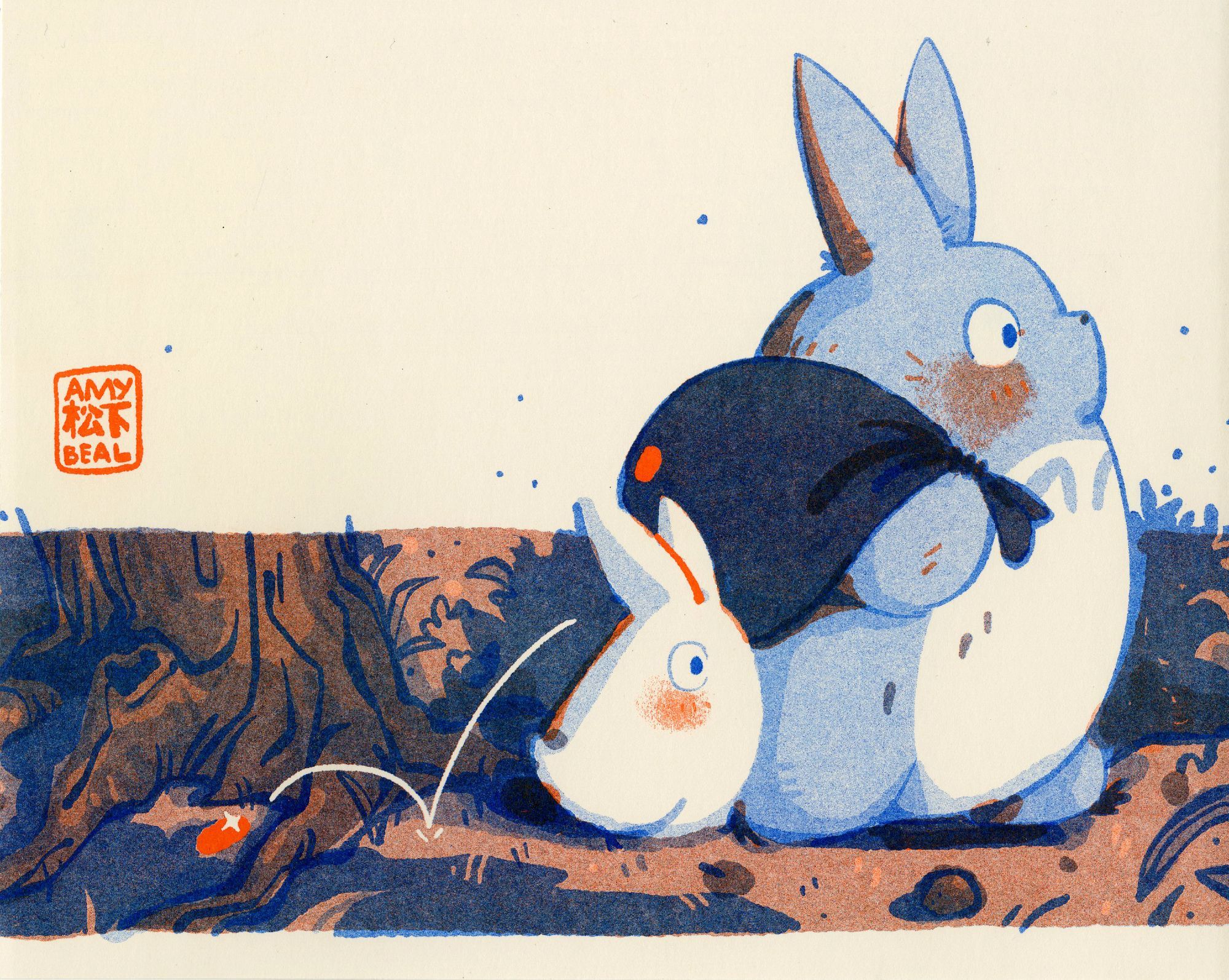 An orange and blue risograph print of an illustration of the two smaller Totoros from the Ghibli movie "My Neighbor Totoro." They walk through the forest. The larger, blue one is carrying a bag of shiny acorns, one of which appears to bounce out of a hole in the bag. The middle left is signed Amy Matsushita-Beal in a combination of English and Japanese kanji.