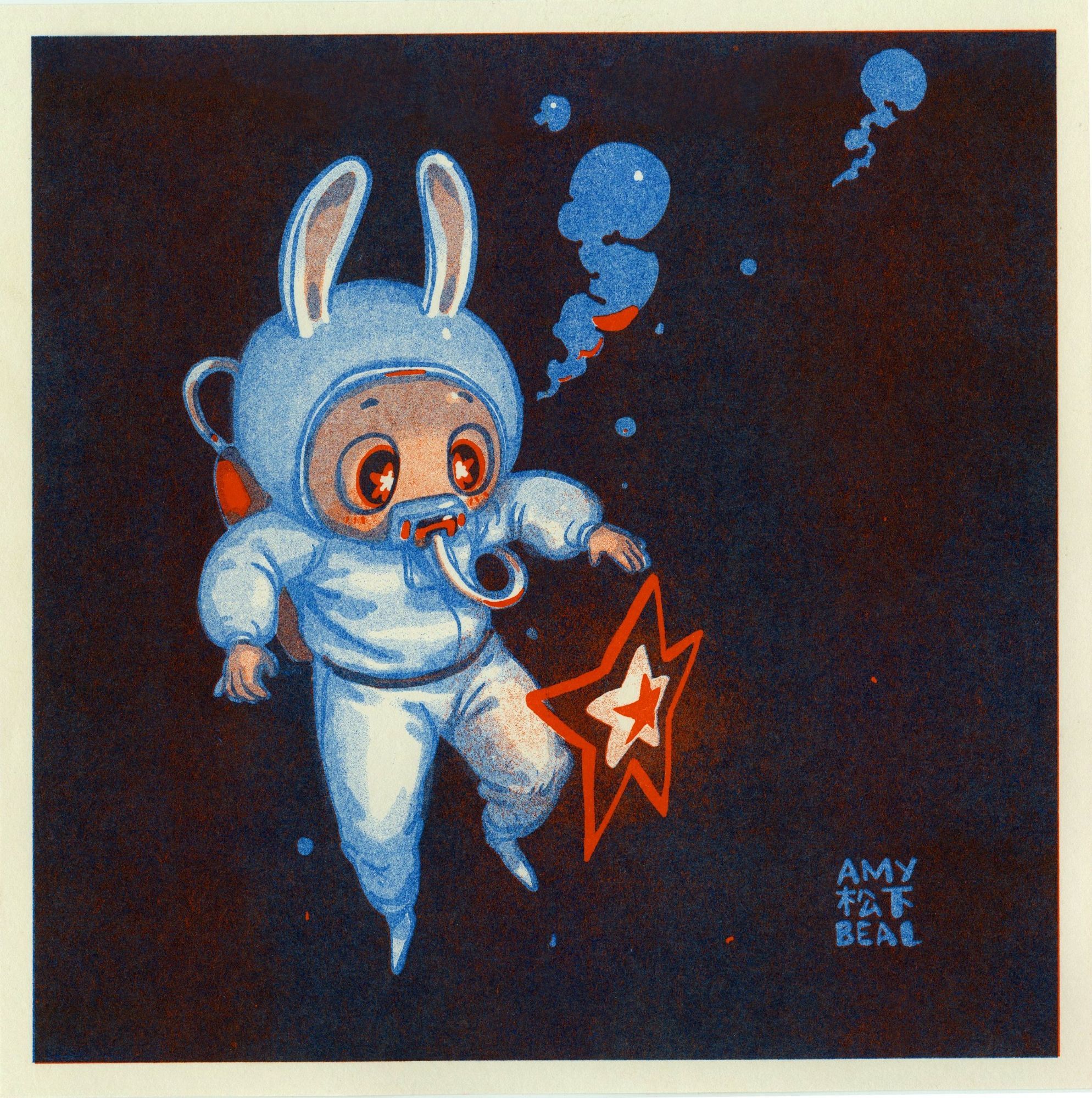 Red and blue risograph print of an illustration of a bunny scuba diver in the dark deep sea, looking at a flowing star.