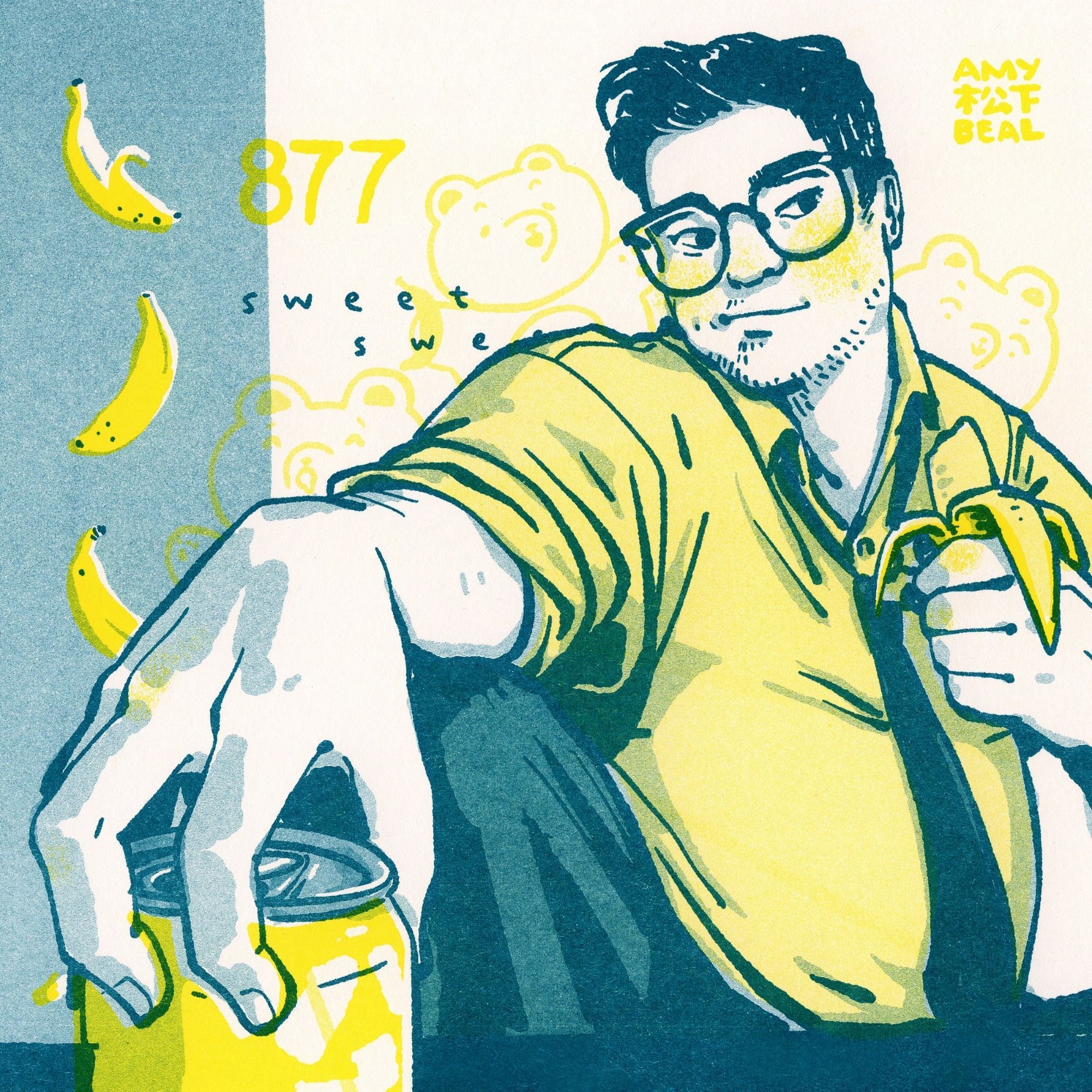 A yellow and teal illustration of a man lightly smiling, eating a banana, and holding a soda can. He wears a collar shirt with rolled up sleeves, a tie, and glasses. His fringe is slicked upward and he has a bit of scruff around his chin and jaw. Three highly stylized cartoon bears can be seen in the background in yellow if looked at closely. Three bananas, one starting to be peeled, float along the left as design elements. Text reads: 877, sweet sweet, and Amy Matsushita-Beal