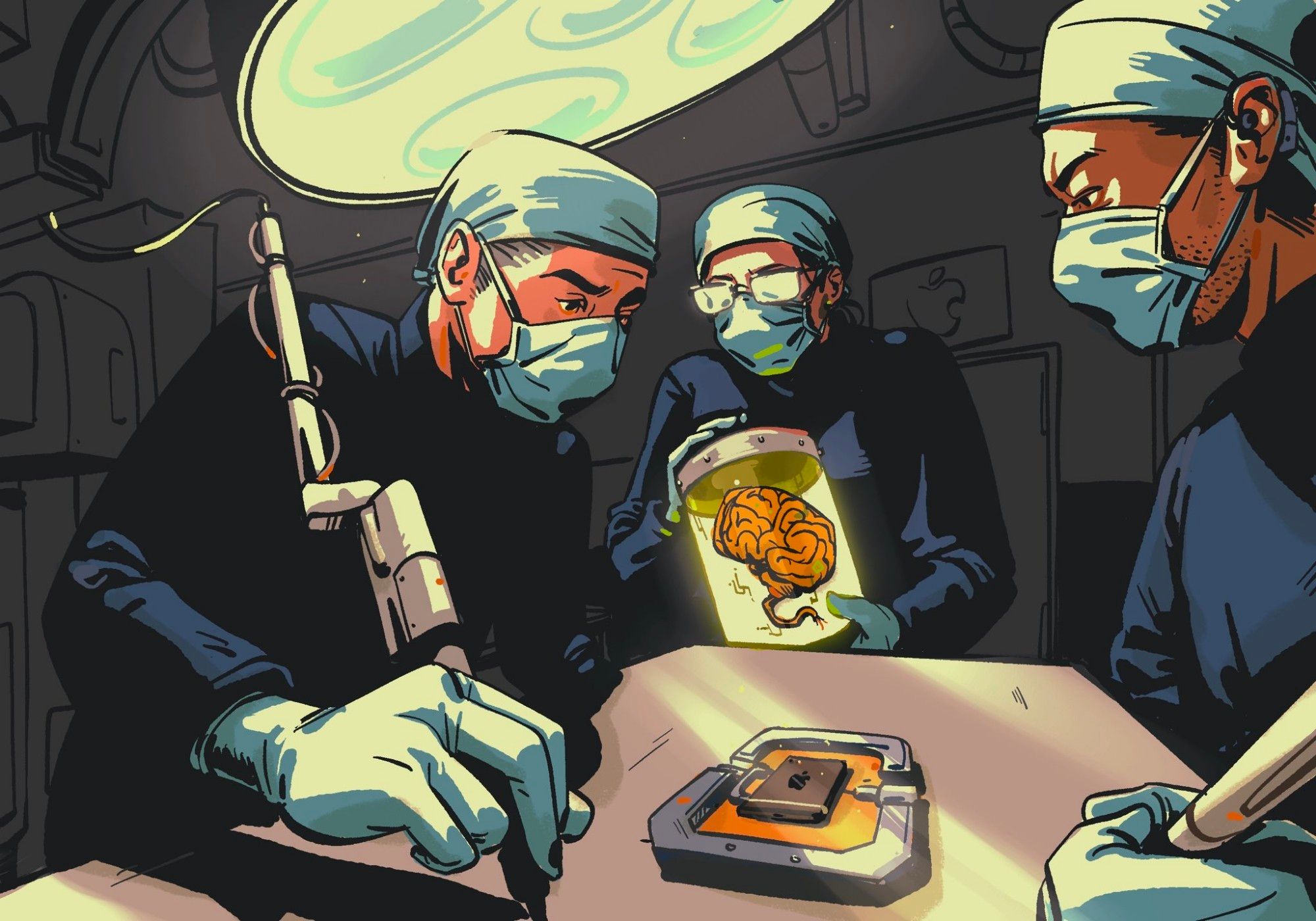 An illustration of Three surgeons in masks and in black turtle necks working on an iPhone. One in glasses holds a new brain in a jar, indicating the new AI system in Siri. The dark scene is lit dramatically by the surgical lamp and there is an Apple logo on the back wall.