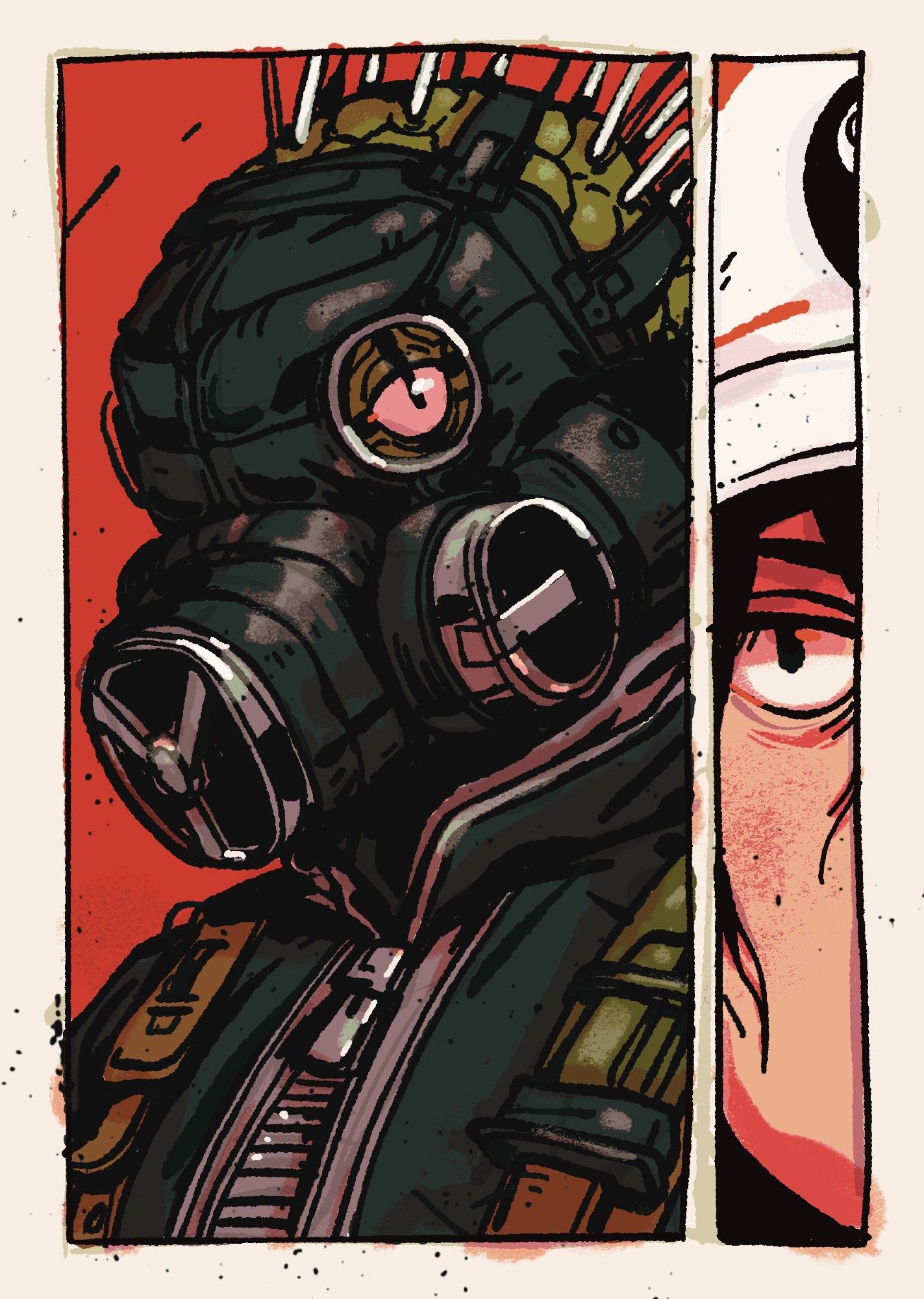 illustration with two frames, one big one small. The larger is a portrait of Caiman from Dorohedoro with his mask on. The smaller to the right is a zoomed in face of Ai from the same manga. The crop shows Ai's eye and a portion of his hat and hair.