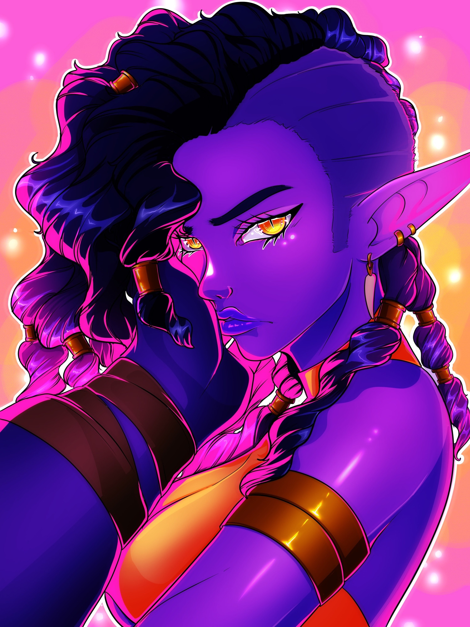 A purple elf (species: Zell) looking at the camera with snake-slit yelow eyes and curly black hair pulled into clasps. A hand with leather wraps around the wrist from a first person view of another Zell is holding her face. She is wearing copper jewelry and a banded yellow top with a hint of under-boob. They are shadowed with bold dark purple and vibrant pink highlights.