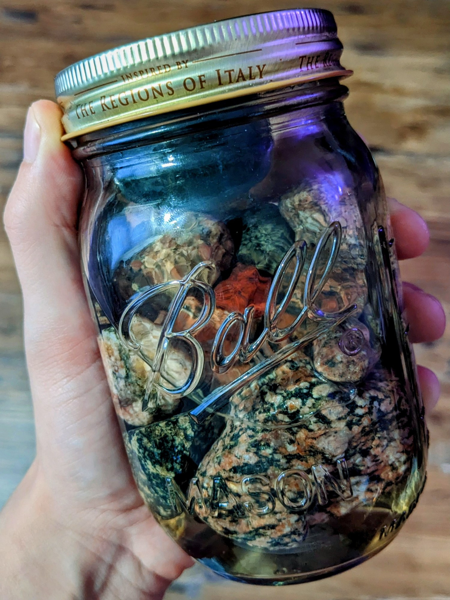 A collection of riverbank rocks - each ranging in color, shape, size, and type - suspended in a mason jar full of clear vinegar. The jar has the word "Ball" embossed in cursive on the front, and is sealed shut with a Prego pasta jar that says "Inspired by the regions of Italy." Grasping the jar is the photographer's (my) hand over a blurred vinyl wood floor.