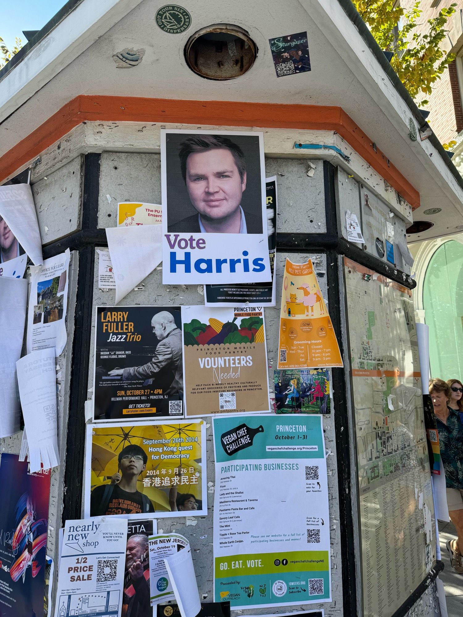 A flyer posted on a public wall of other flyers that says “vote Harris” and features a baby/faced, corny-looking, weird JD Vance