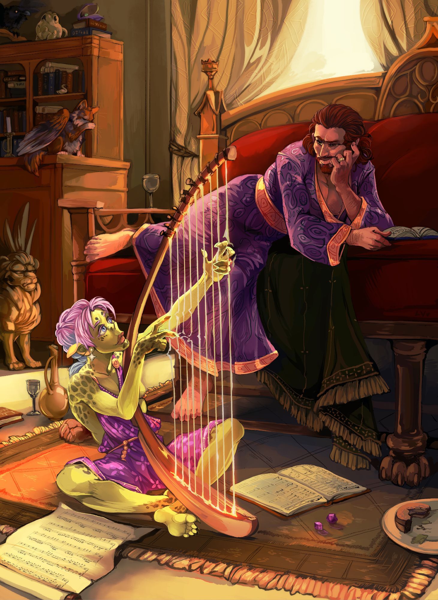 gale gazes gayly at coqui the gith bard as he plays the magic harp in gale's wizard tower