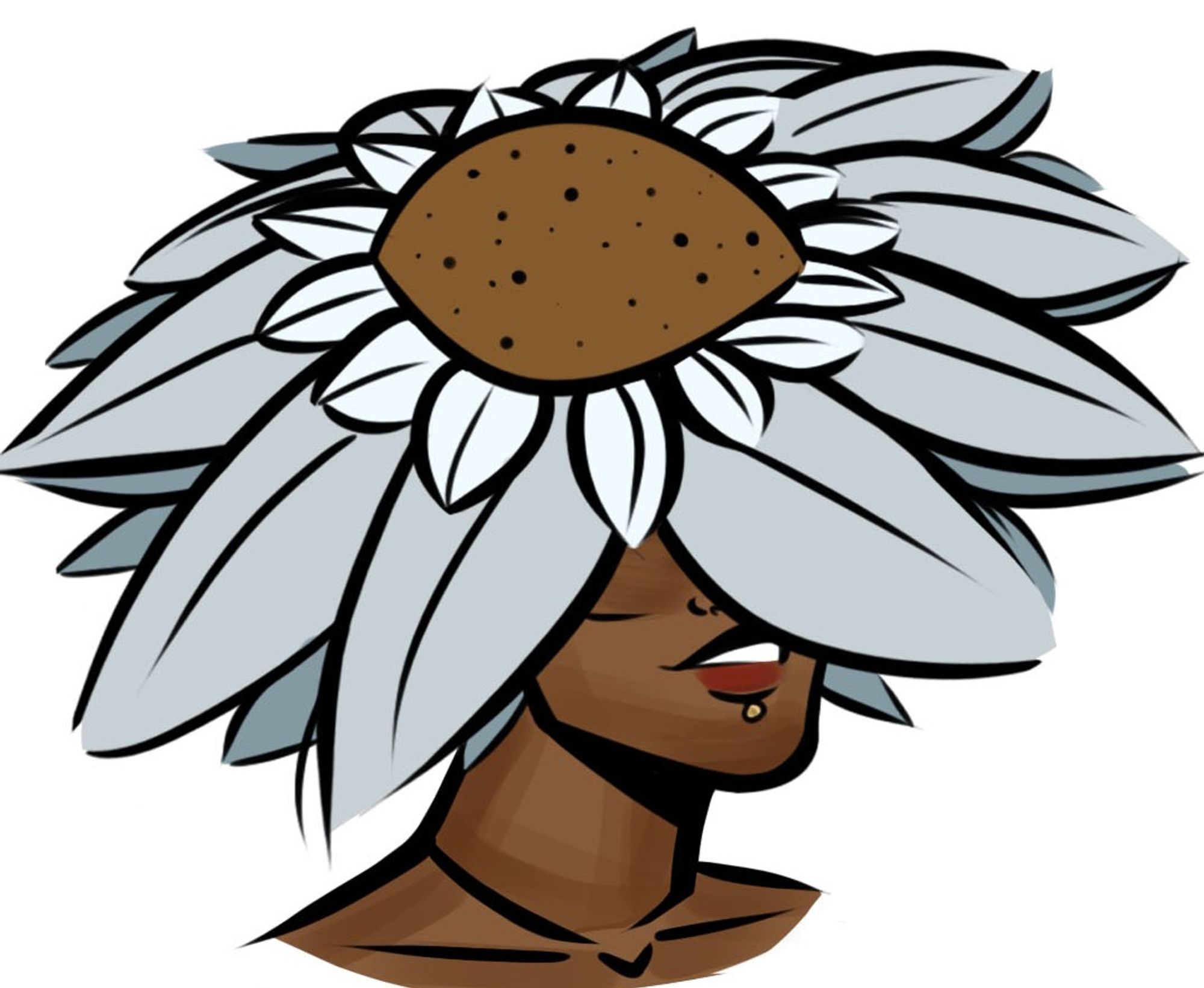 A shoulders-up drawing of a character with a flower upon their head. They have deep skin, a slight smile, and a lip piercing. The flower on their head is light blue and reminiscent of a sunflower or a daisy.