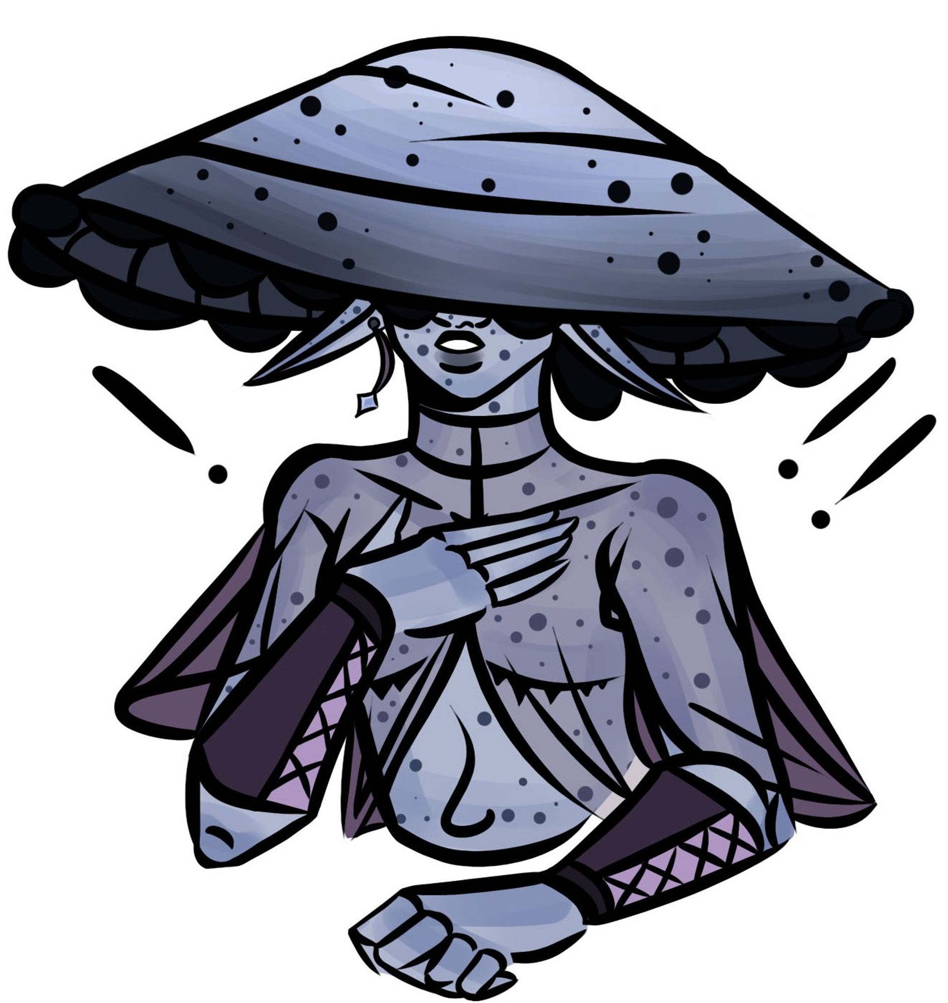 A waist-up drawing of a mushroom inspired character. They have light grey-ish blue skin with freckles scattered about. They have long, down turned ears, with a dangling diamond shaped earring on the left ear. The character is wearing purple arm bracers and a sheer, flowy purple top. 

A mushroom cap rests on their head, covering their eyes and resembling an inkcap mushroom. They're posed with a hand over their chest, as if shocked, and their mouth is drawn in a surprised expression.